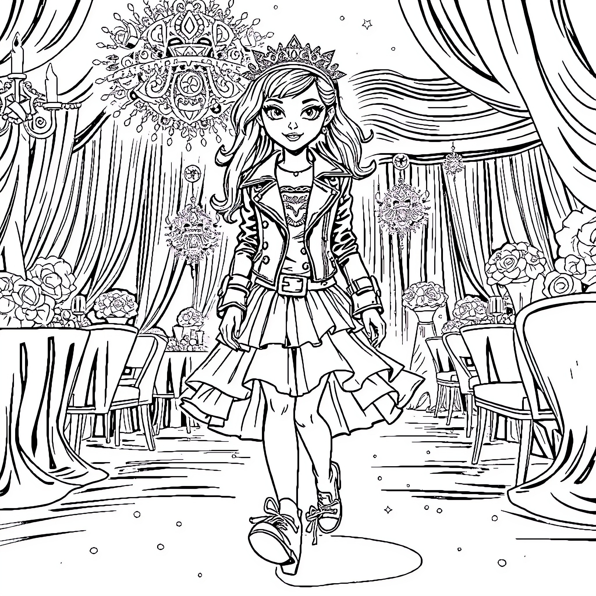 Punk Rock Princess in a Whimsical Wonderland Coloring Page (free black-and-white line drawing printable PDF for all, from beginners to advanced learners, including children, teens, adults, and seniors)
