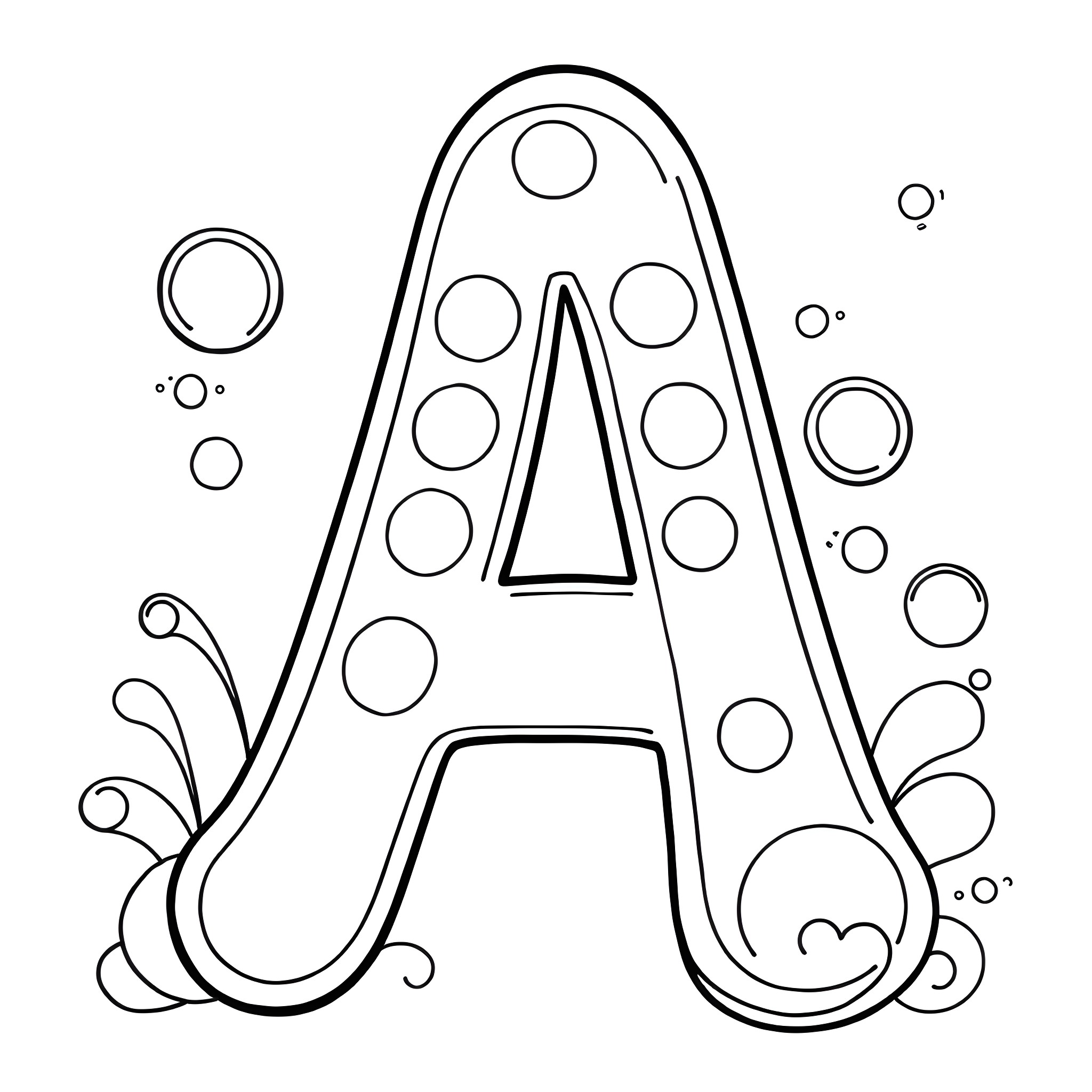 Letter A with playful polka dot design Coloring Page (free black-and-white line drawing printable PDF for all, from beginners to advanced learners, including children, teens, adults, and seniors)