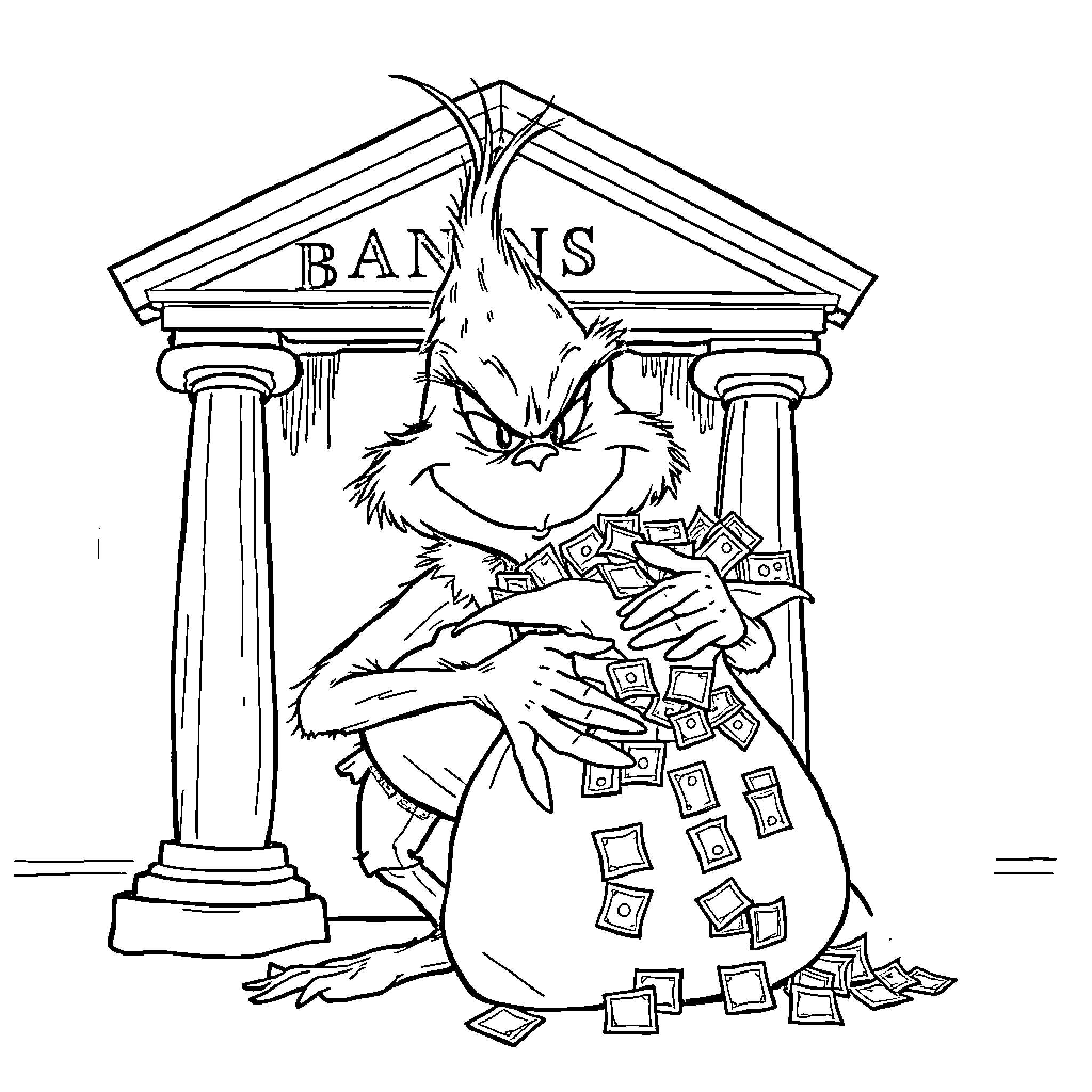 Grinch stealing money from the bank Coloring Page (free black-and-white line drawing printable PDF for all, from beginners to advanced learners, including children, teens, adults, and seniors)