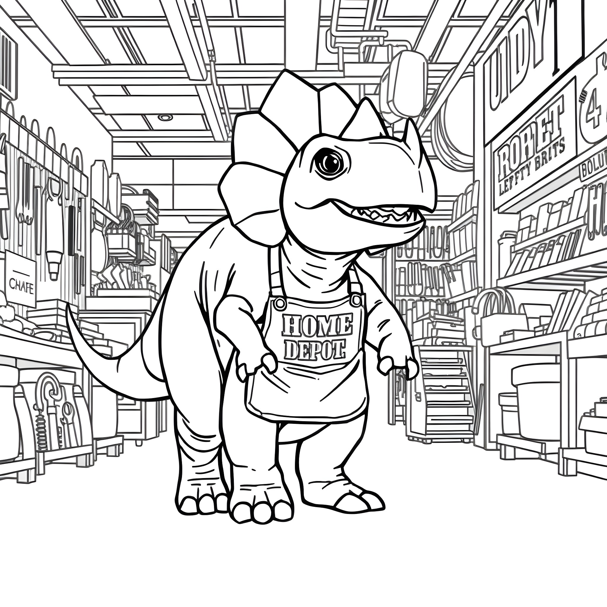 Triceratops working at a Home Depot store Coloring Page (free black-and-white line drawing printable PDF for all, from beginners to advanced learners, including children, teens, adults, and seniors)