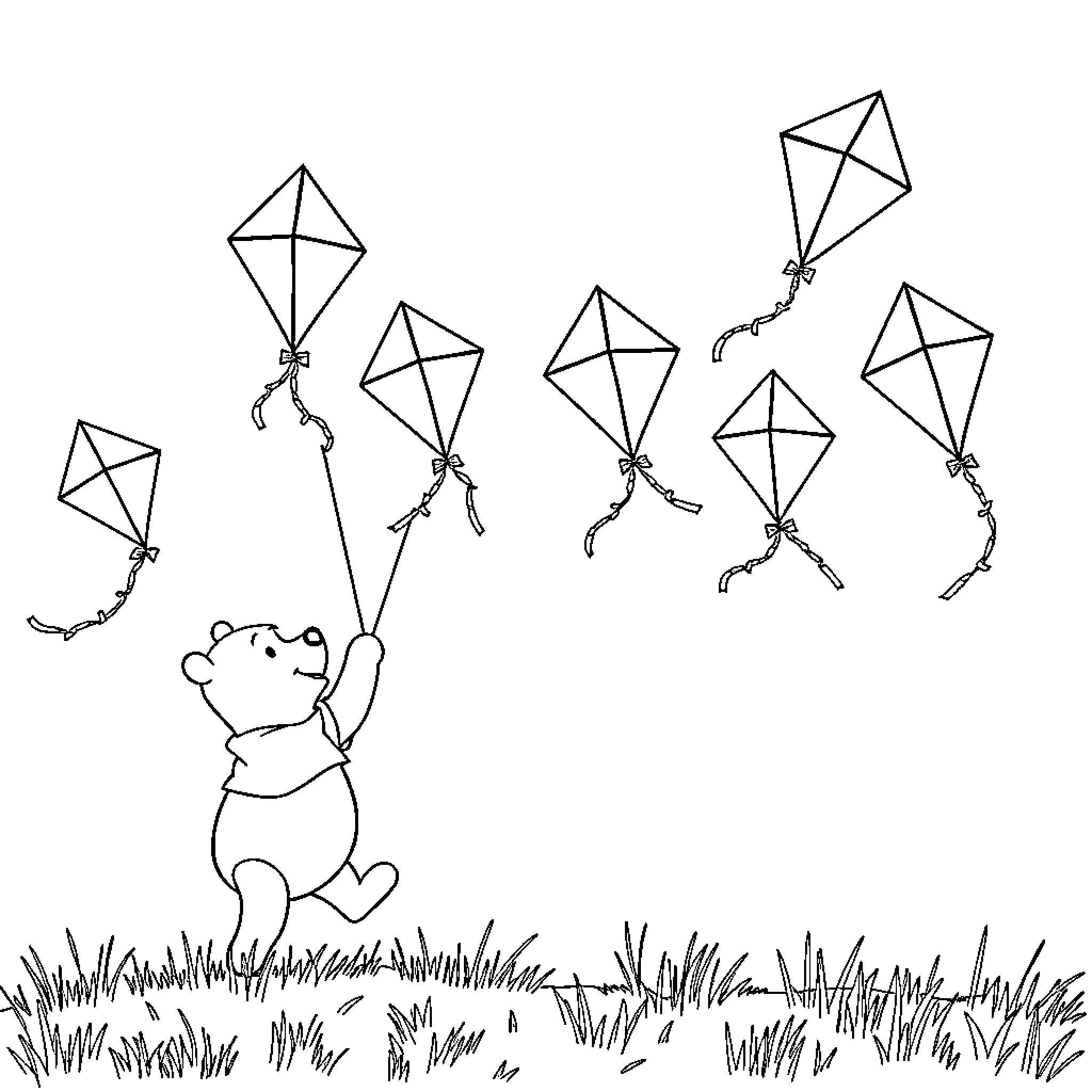 Pooh flying kites in the meadow Coloring Page (free black-and-white line drawing printable PDF for all, from beginners to advanced learners, including children, teens, adults, and seniors)