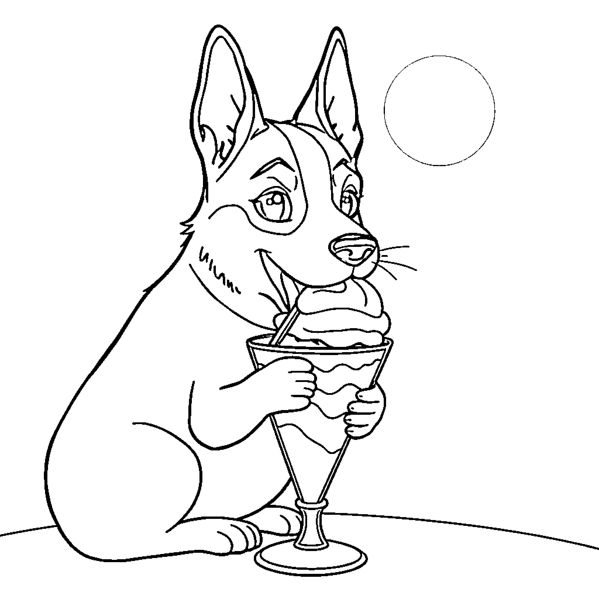 Dog drinking a refreshing beverage in the moonlight Coloring Page (free black-and-white line drawing printable PDF for all, from beginners to advanced learners, including children, teens, adults, and seniors)