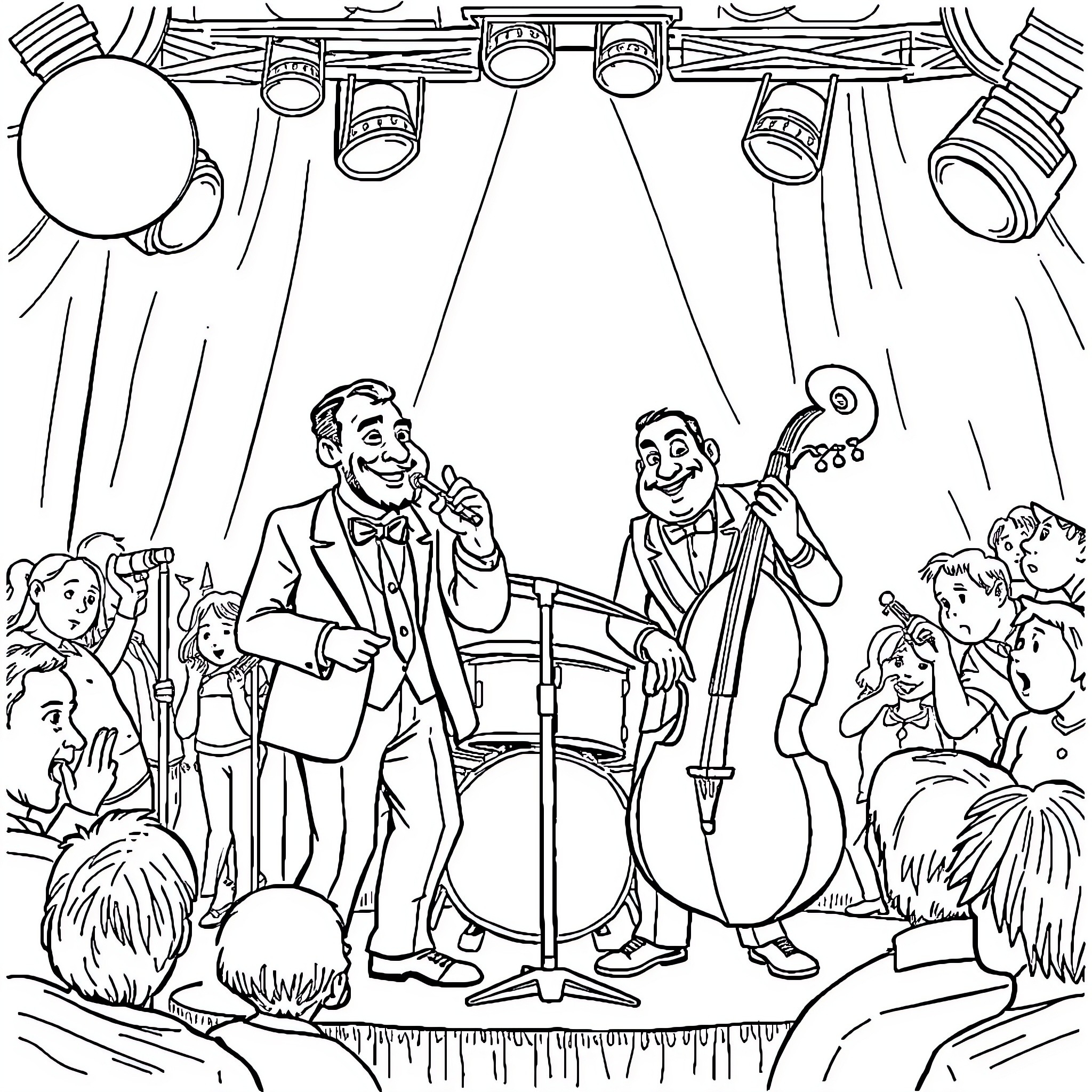 Mr T and Friends Perform on Stage Coloring Page (free black-and-white line drawing printable PDF for all, from beginners to advanced learners, including children, teens, adults, and seniors)