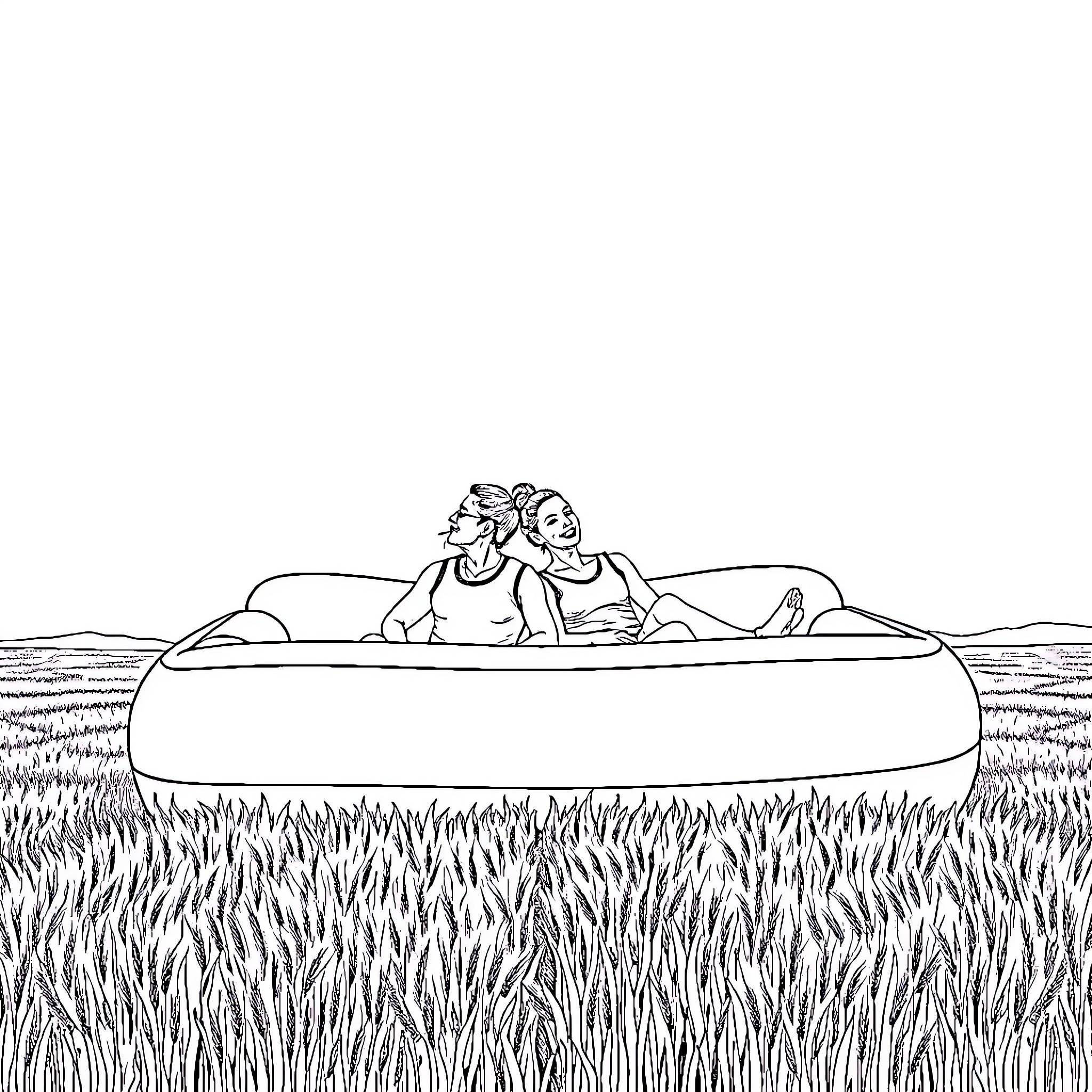 Person sitting together in a boat on the water Coloring Page (free black-and-white line drawing printable PDF for all, from beginners to advanced learners, including children, teens, adults, and seniors)