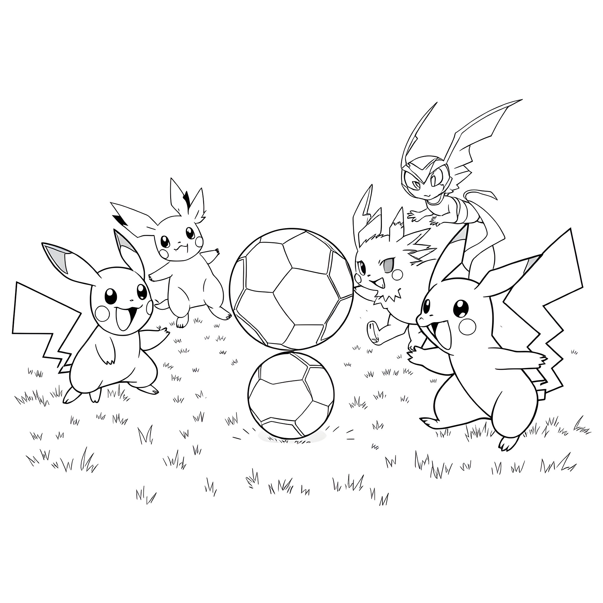 Pokémon Pikachu and friends playing with soccer balls Coloring Page (free black-and-white line drawing printable PDF for all, from beginners to advanced learners, including children, teens, adults, and seniors)