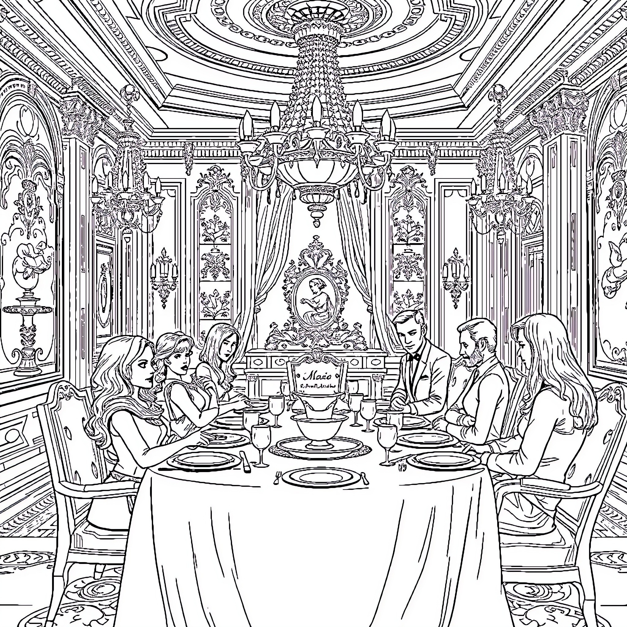 Mansion Dining Gathering Among Elegant Decor Coloring Page (free black-and-white line drawing printable PDF for all, from beginners to advanced learners, including children, teens, adults, and seniors)