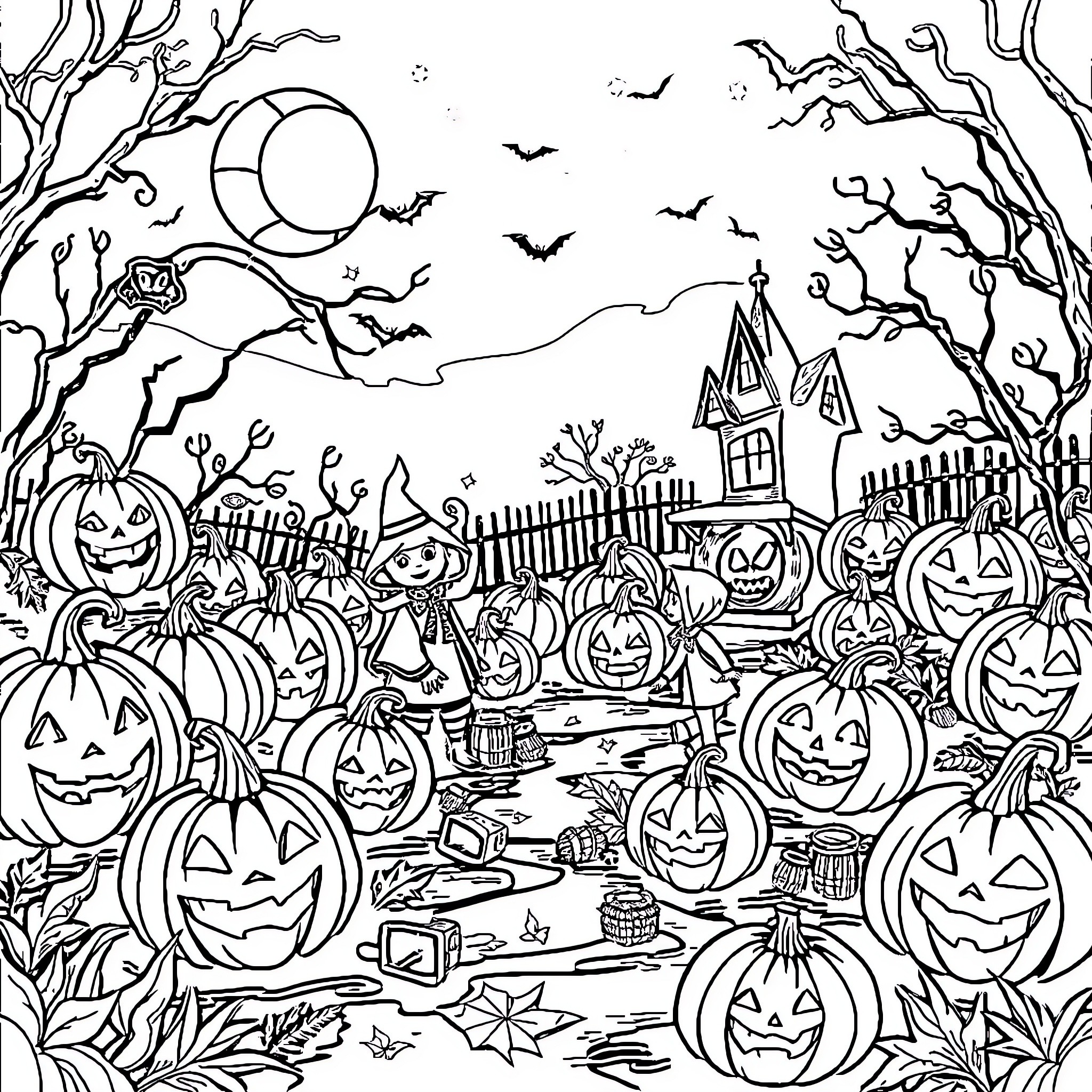 Halloween scene with pumpkins, trick-or-treaters, and haunted house Coloring Page (free black-and-white line drawing printable PDF for all, from beginners to advanced learners, including children, teens, adults, and seniors)