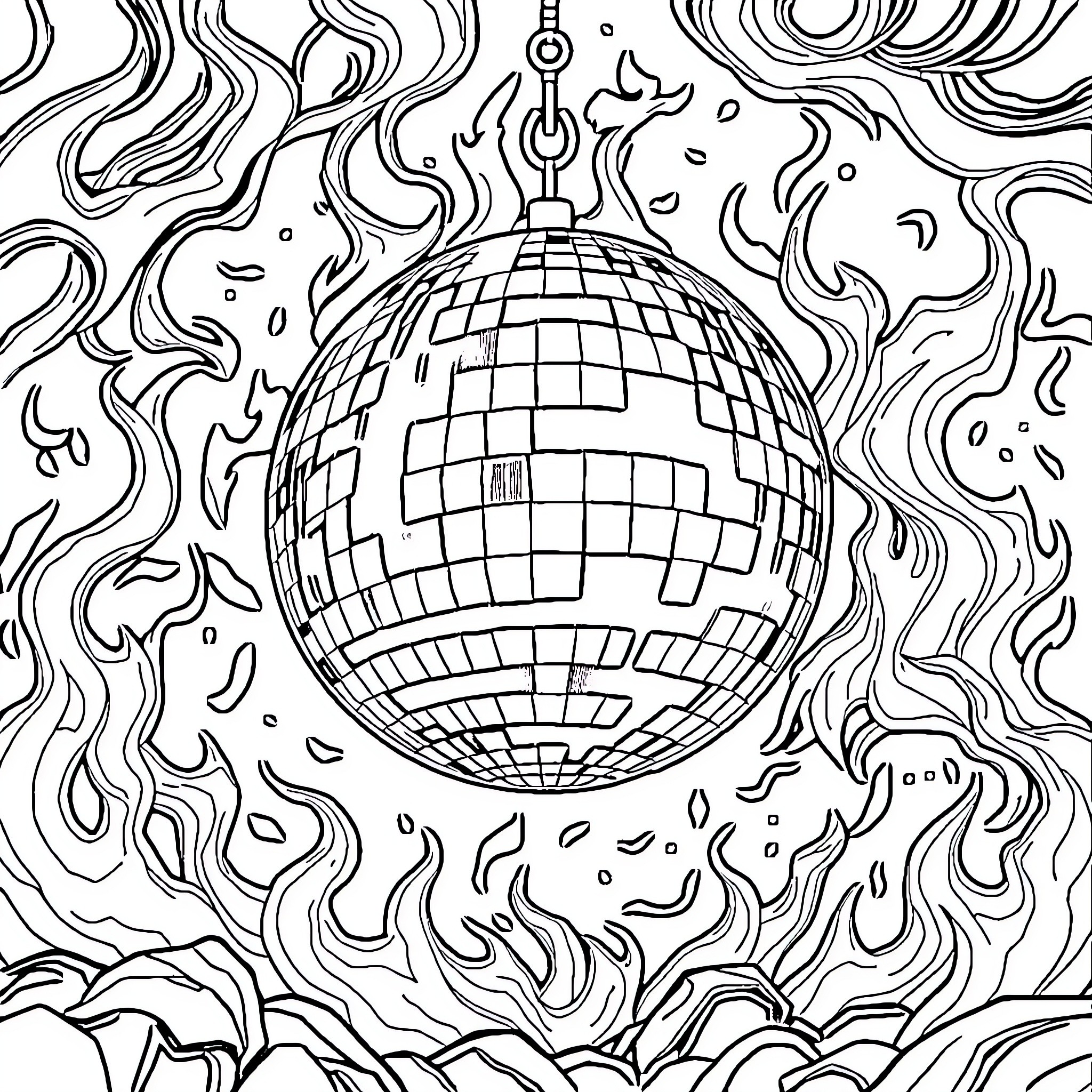 Discoball shining amidst swirling lights and shapes Coloring Page (free black-and-white line drawing printable PDF for all, from beginners to advanced learners, including children, teens, adults, and seniors)