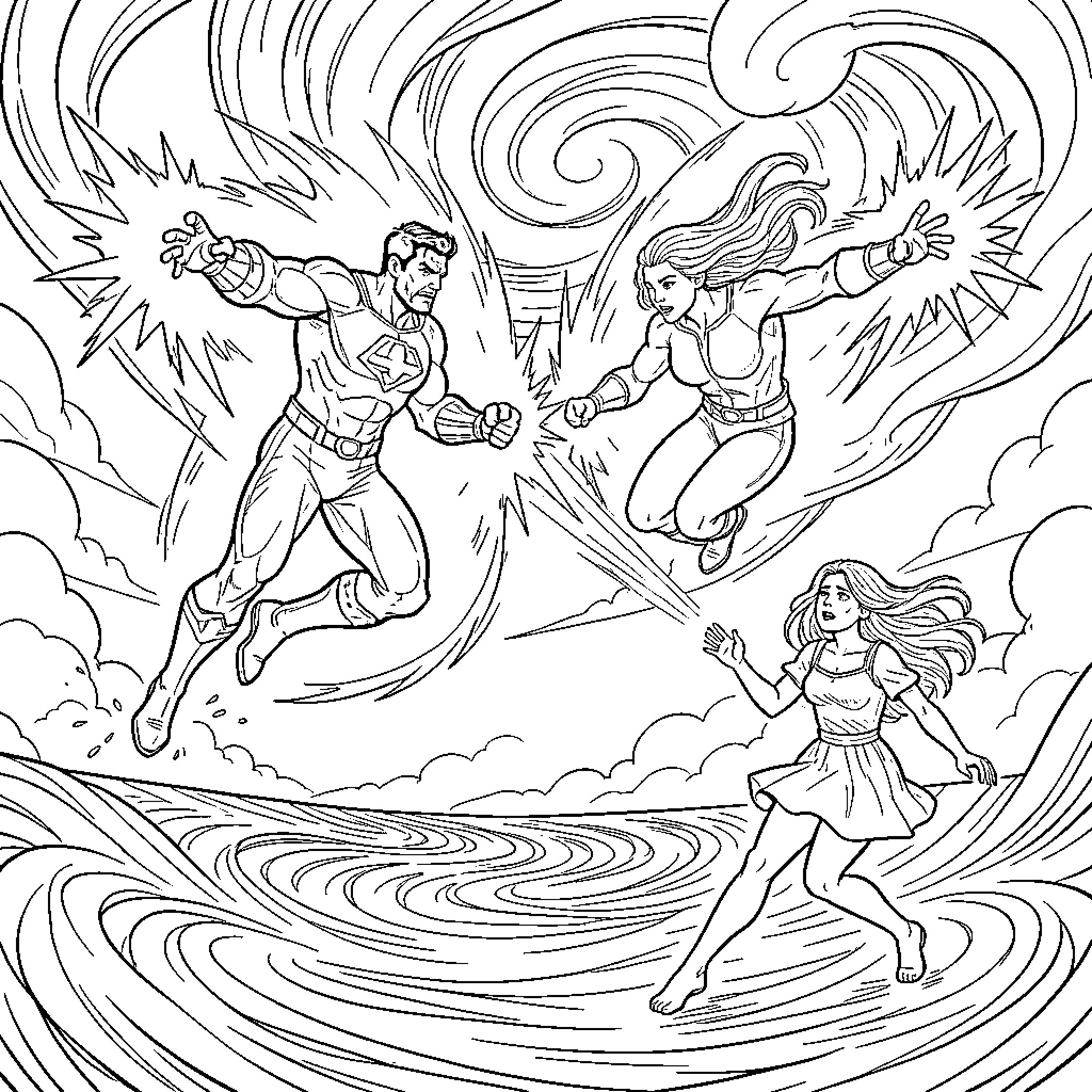 Homme et Femme super-héros volant dans un vortex Coloring Page (free black-and-white line drawing printable PDF for all, from beginners to advanced learners, including children, teens, adults, and seniors)