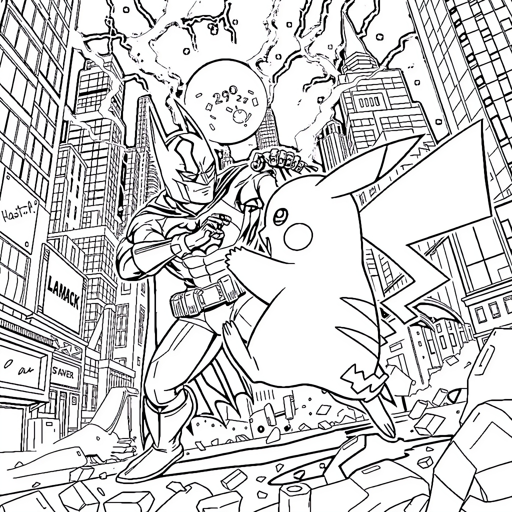 Batman battling villains in a chaotic city scene Coloring Page (free black-and-white line drawing printable PDF for all, from beginners to advanced learners, including children, teens, adults, and seniors)