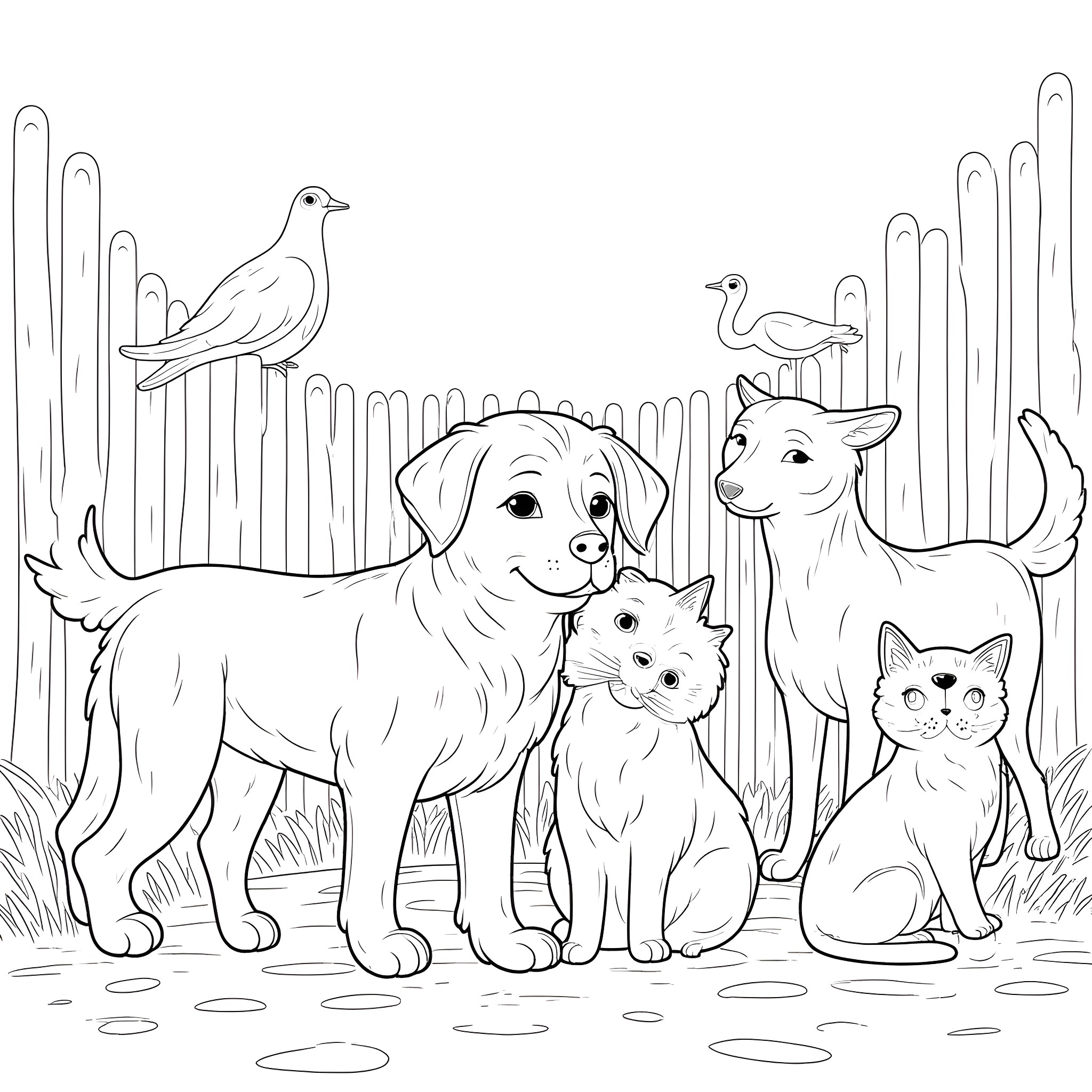 Dog and Cat Sharing a Peaceful Moment with Birds Coloring Page (free black-and-white line drawing printable PDF for all, from beginners to advanced learners, including children, teens, adults, and seniors)