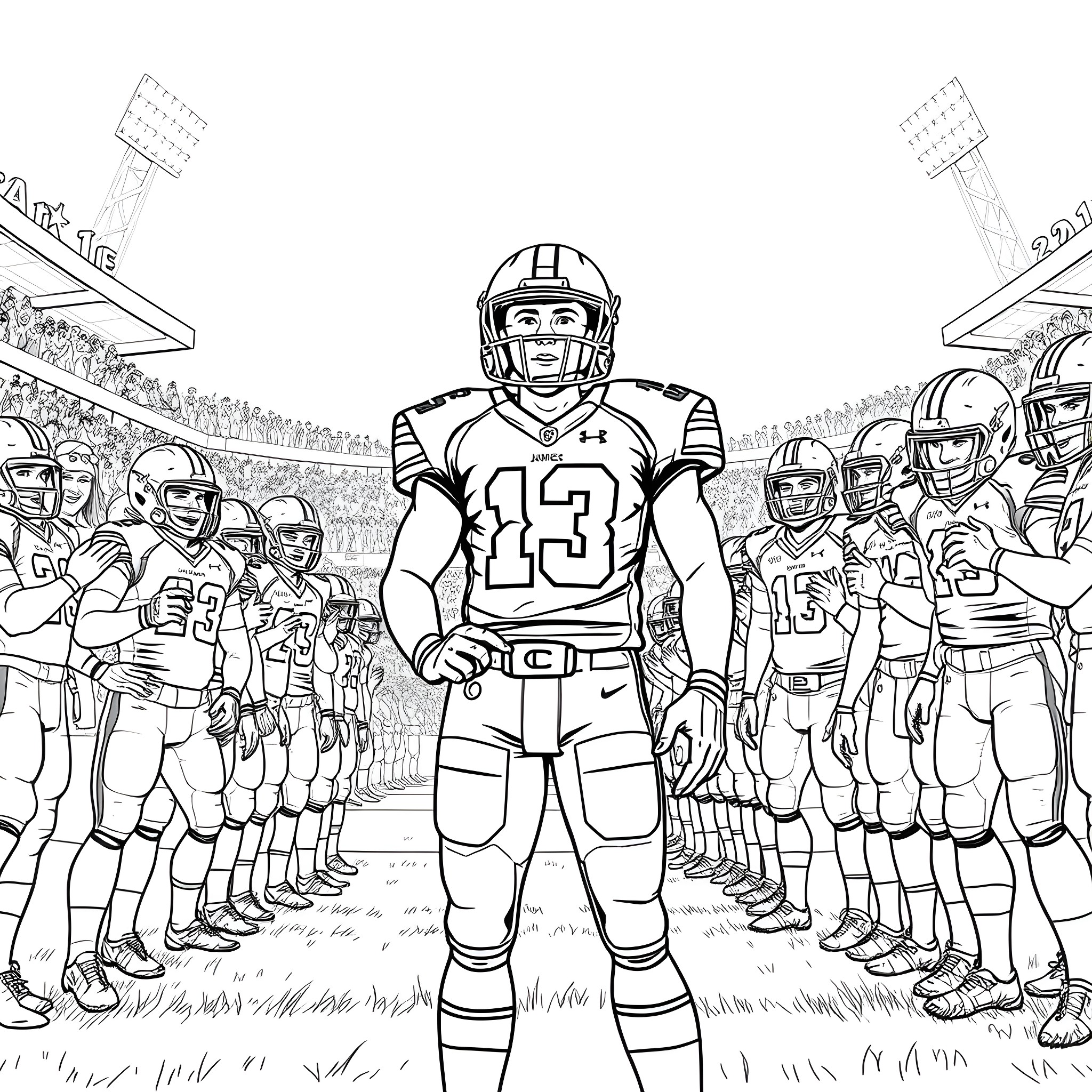 Jayden Daniels leading his team on the football field Coloring Page (free black-and-white line drawing printable PDF for all, from beginners to advanced learners, including children, teens, adults, and seniors)