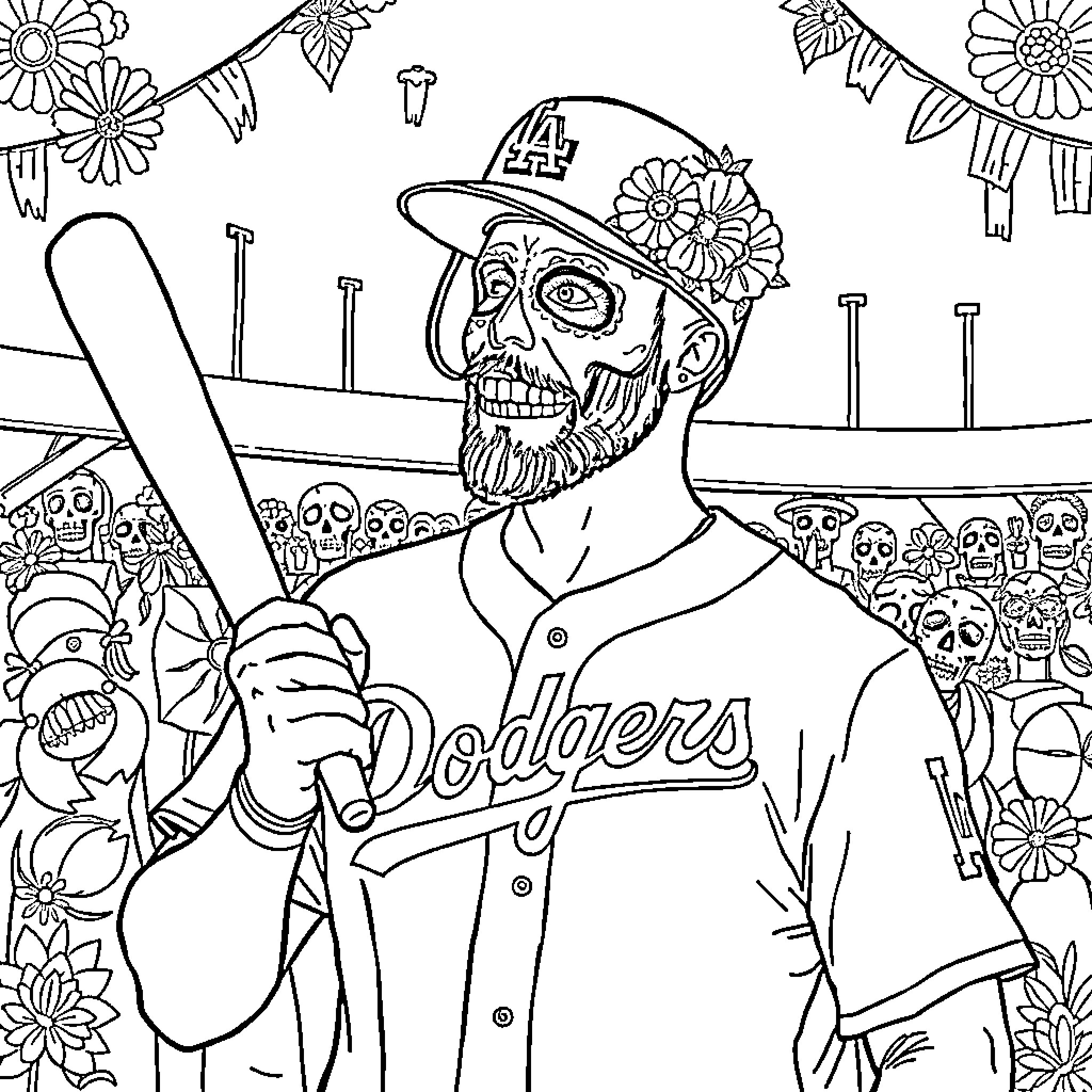 Dodger baseball player surrounded by flowers and skulls Coloring Page (free black-and-white line drawing printable PDF for all, from beginners to advanced learners, including children, teens, adults, and seniors)