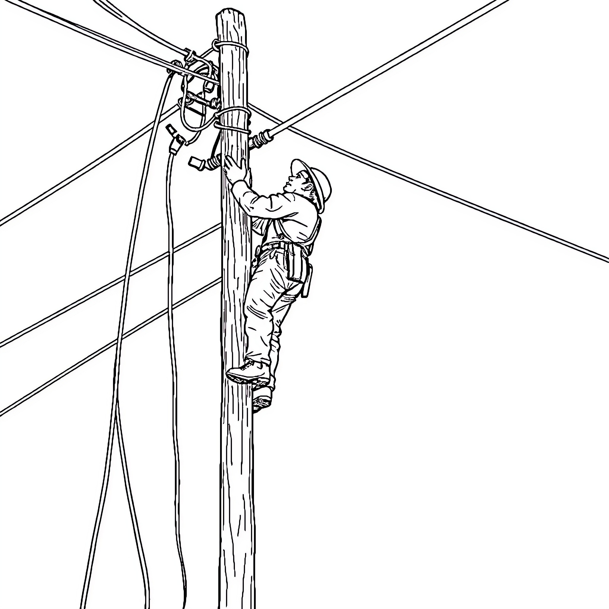 Lineman working on utility pole in safety equipment Coloring Page (free black-and-white line drawing printable PDF for all, from beginners to advanced learners, including children, teens, adults, and seniors)