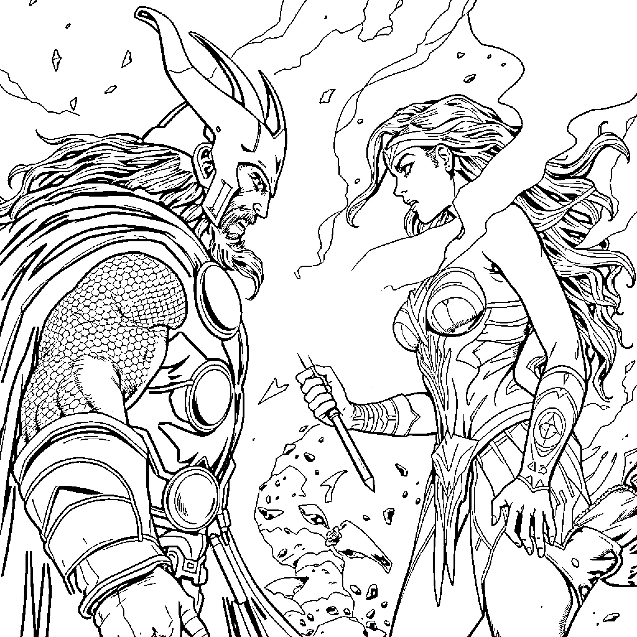 Thor Battling Powerful Foe in Dramatic Showdown Coloring Page (free black-and-white line drawing printable PDF for all, from beginners to advanced learners, including children, teens, adults, and seniors)