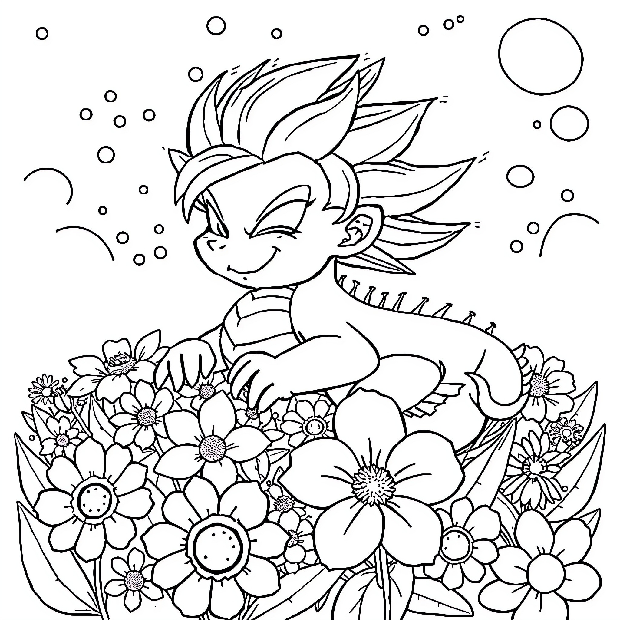 Dragon Ball Character in Flower Garden Coloring Page (free black-and-white line drawing printable PDF for all, from beginners to advanced learners, including children, teens, adults, and seniors)