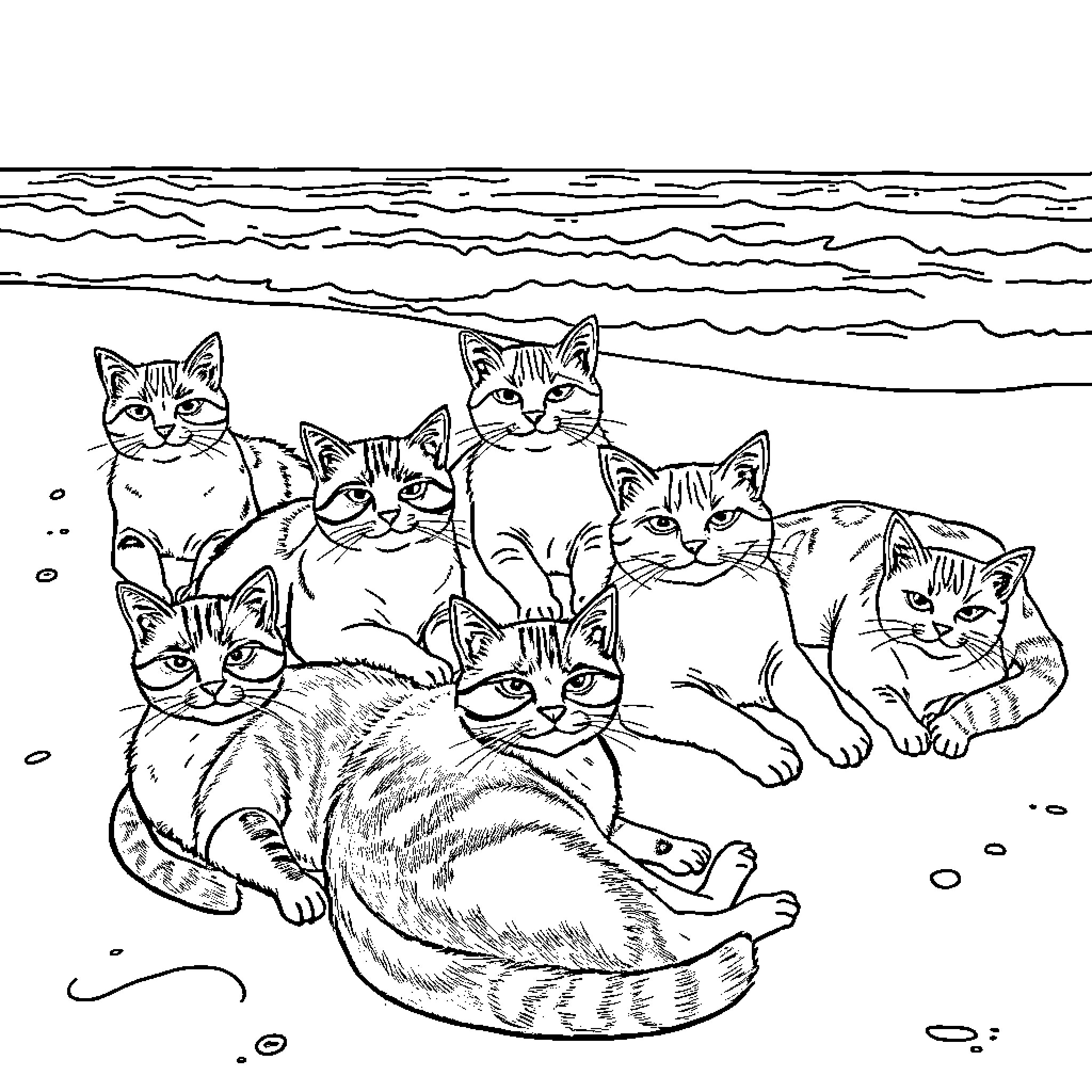 Cat group relaxing on the beach Coloring Page (free black-and-white line drawing printable PDF for all, from beginners to advanced learners, including children, teens, adults, and seniors)
