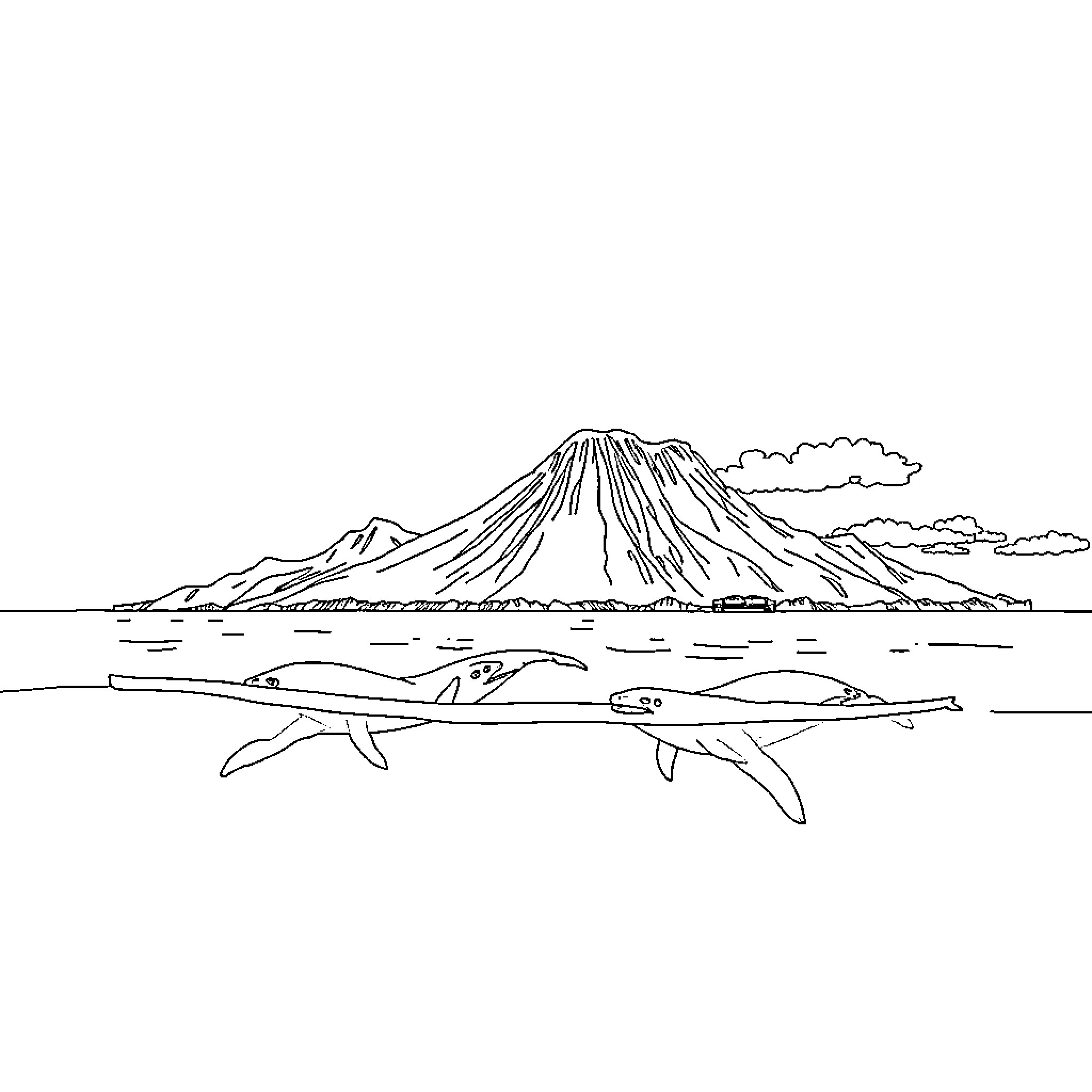 Baleine swimming near majestic mountain landscape Coloring Page (free black-and-white line drawing printable PDF for all, from beginners to advanced learners, including children, teens, adults, and seniors)