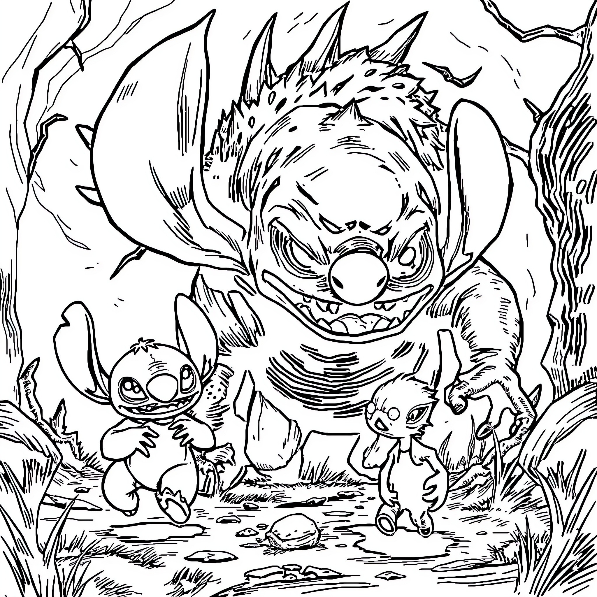 Monster creatures terrorizing cute cartoon characters Coloring Page (free black-and-white line drawing printable PDF for all, from beginners to advanced learners, including children, teens, adults, and seniors)