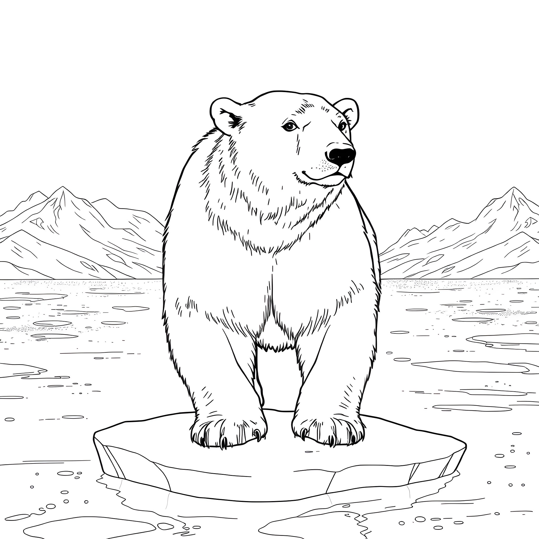 Polar Bear Standing on Floating Ice Coloring Page (free black-and-white line drawing printable PDF for all, from beginners to advanced learners, including children, teens, adults, and seniors)