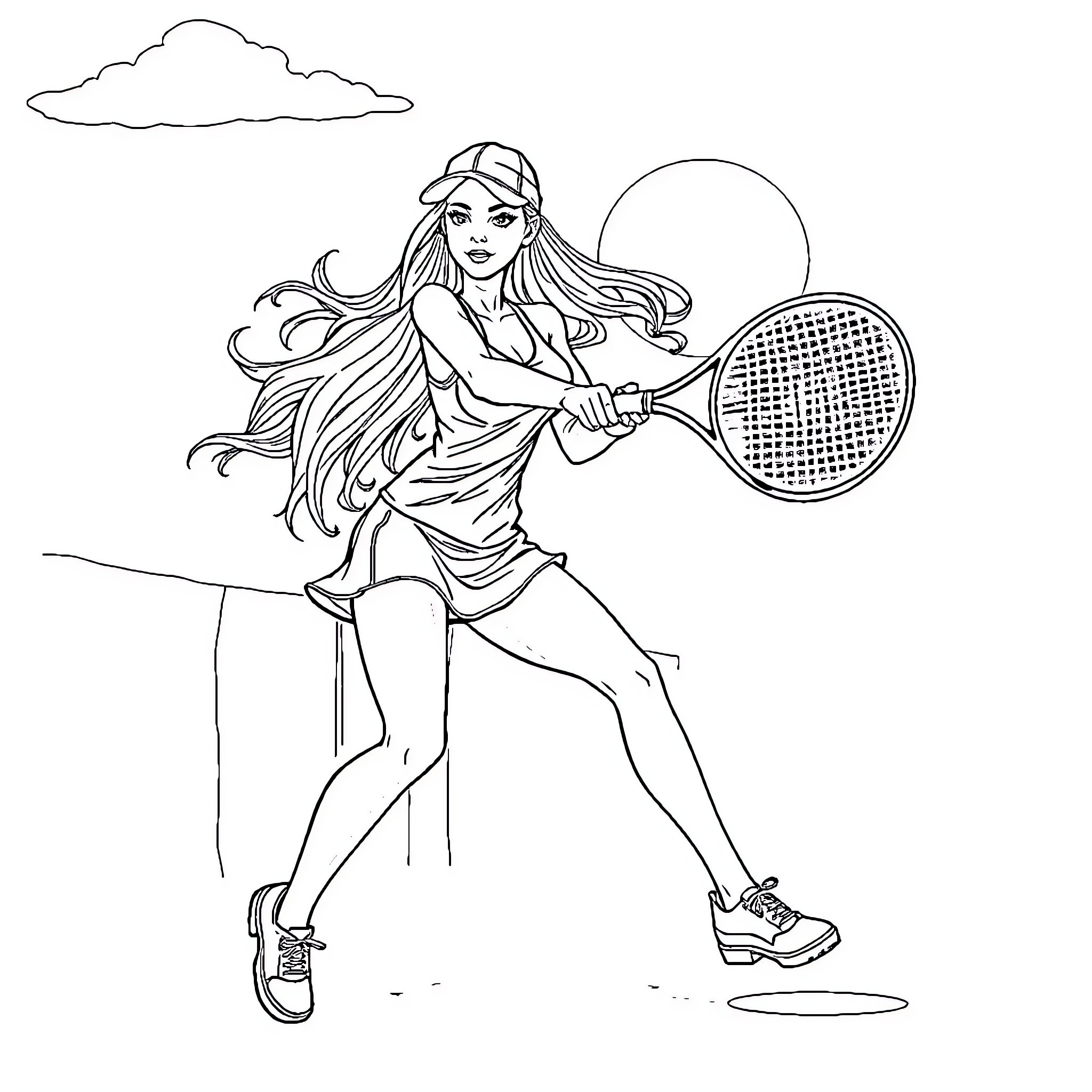 Lady Playing Tennis on a Sunny Day Coloring Page (free black-and-white line drawing printable PDF for all, from beginners to advanced learners, including children, teens, adults, and seniors)