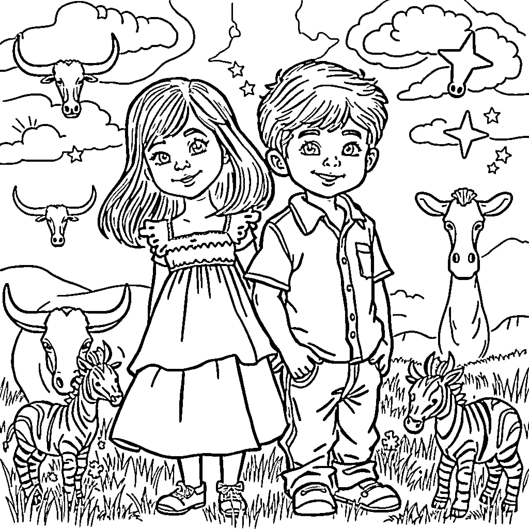 Twin children exploring the countryside together Coloring Page (free black-and-white line drawing printable PDF for all, from beginners to advanced learners, including children, teens, adults, and seniors)