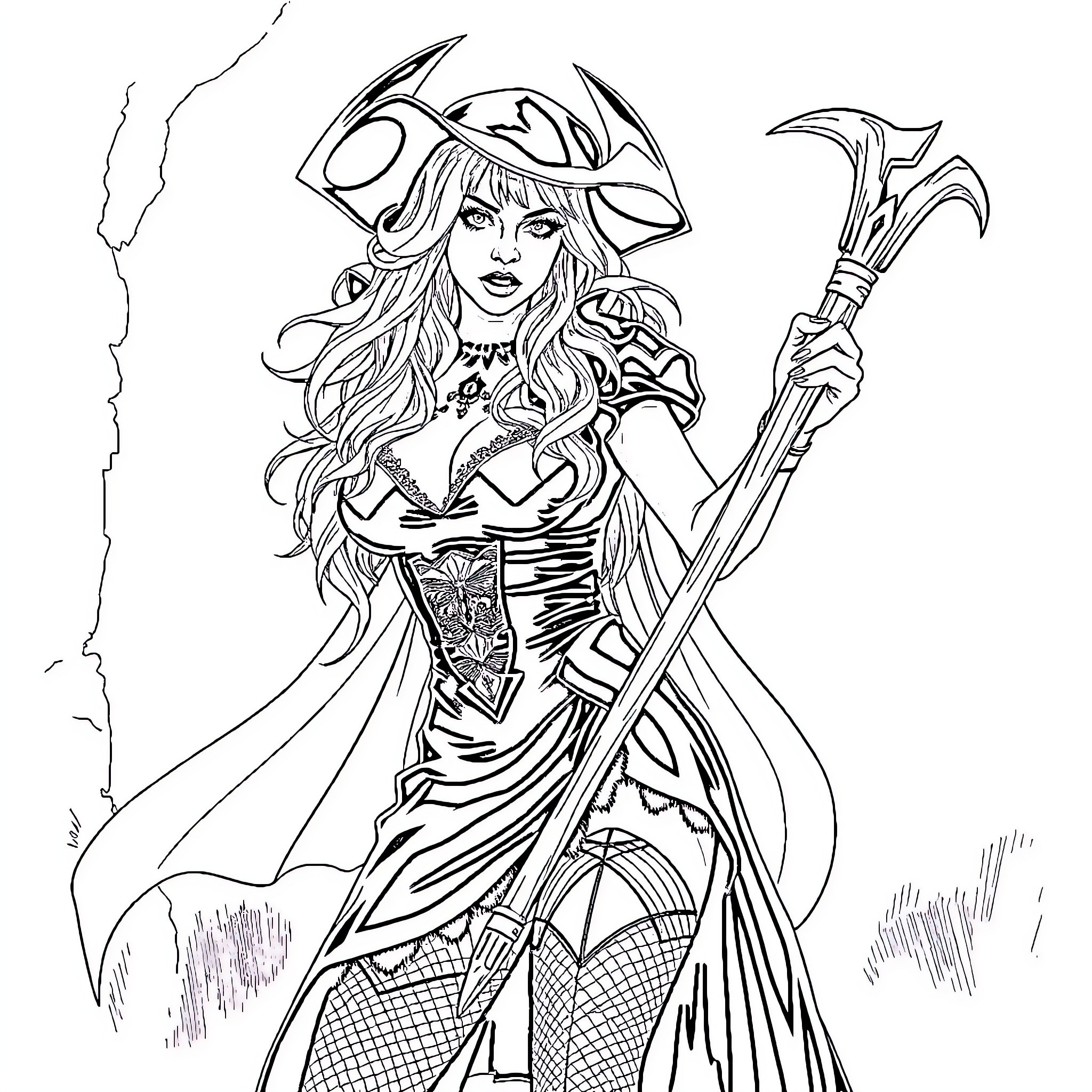Britney Spears as a fantasy pirate warrior Coloring Page (free black-and-white line drawing printable PDF for all, from beginners to advanced learners, including children, teens, adults, and seniors)