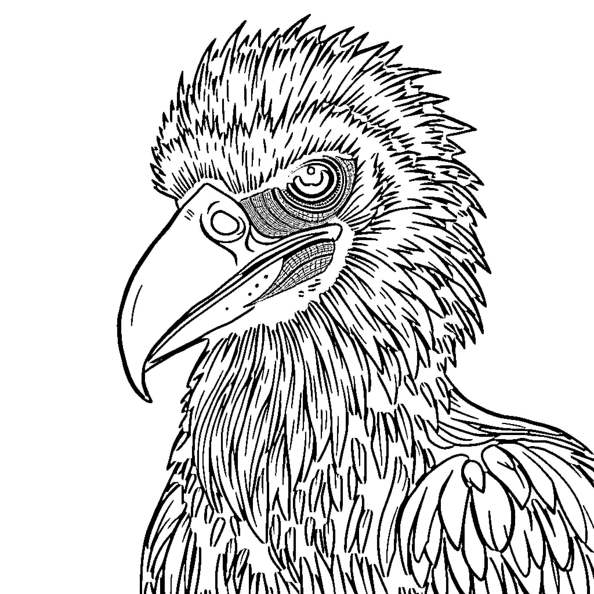 Vulture with fierce expression and intricate feathers Coloring Page (free black-and-white line drawing printable PDF for all, from beginners to advanced learners, including children, teens, adults, and seniors)