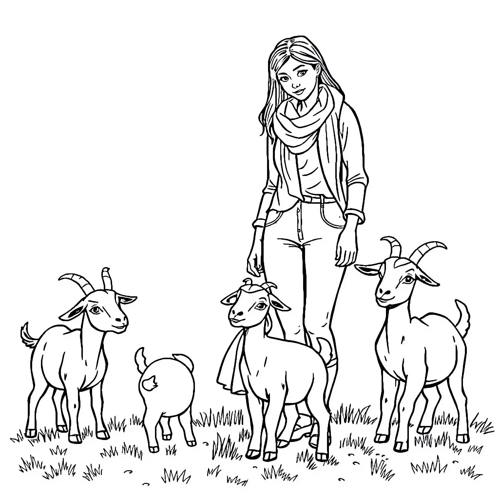 Woman interacting with goats in a field Coloring Page (free black-and-white line drawing printable PDF for all, from beginners to advanced learners, including children, teens, adults, and seniors)