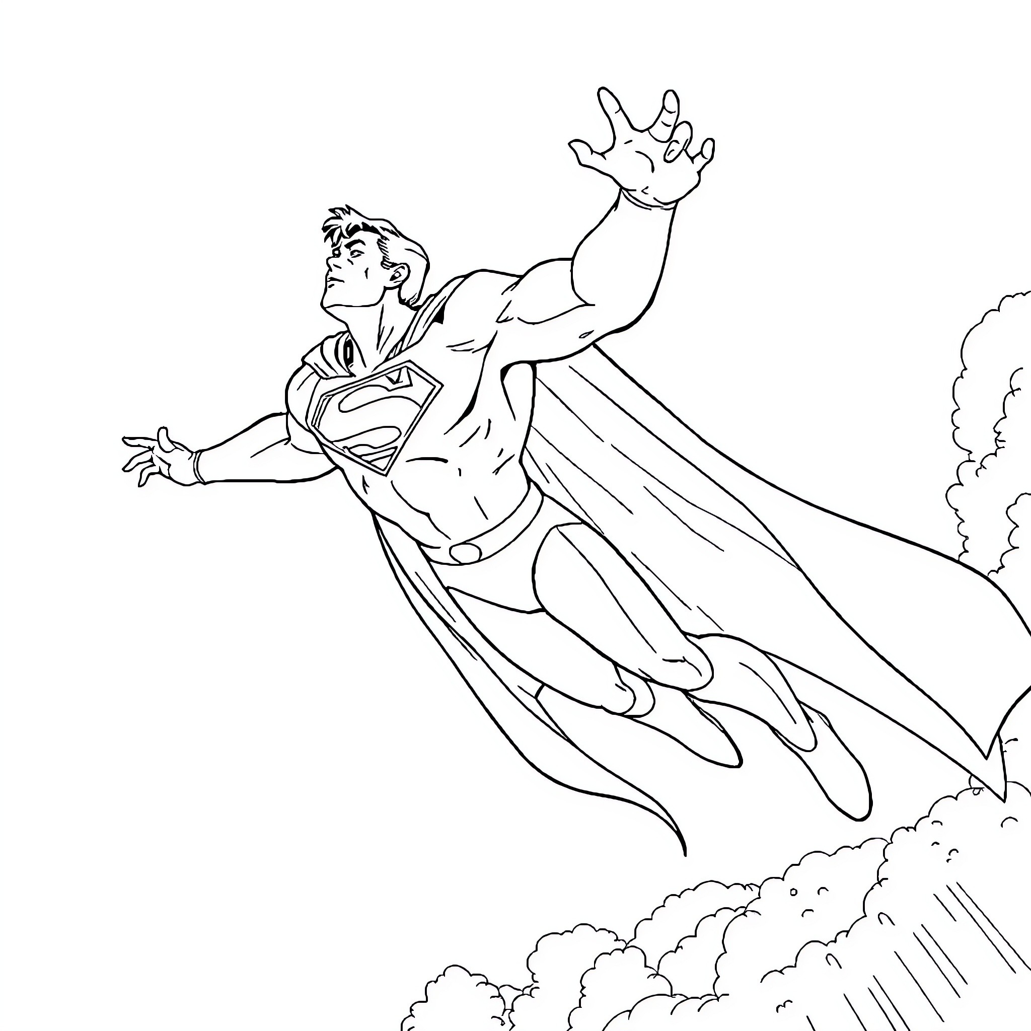 Superman soaring through the sky in action Coloring Page (free black-and-white line drawing printable PDF for all, from beginners to advanced learners, including children, teens, adults, and seniors)