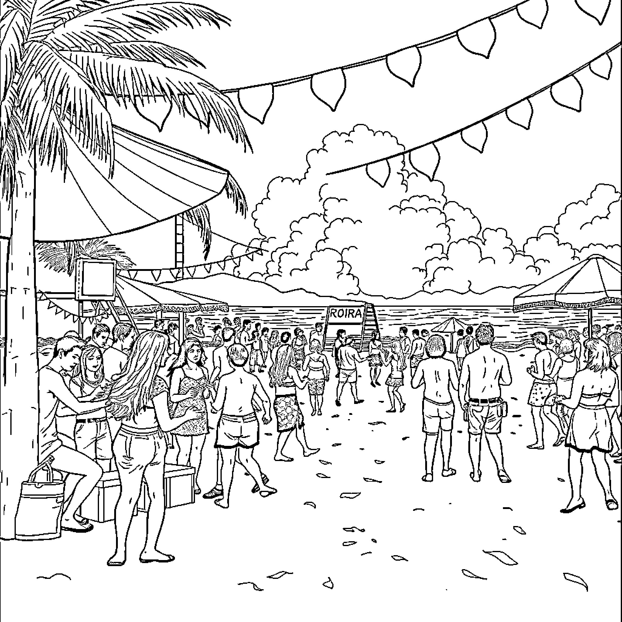 Beach festival with lively crowd and festive decorations Coloring Page (free black-and-white line drawing printable PDF for all, from beginners to advanced learners, including children, teens, adults, and seniors)