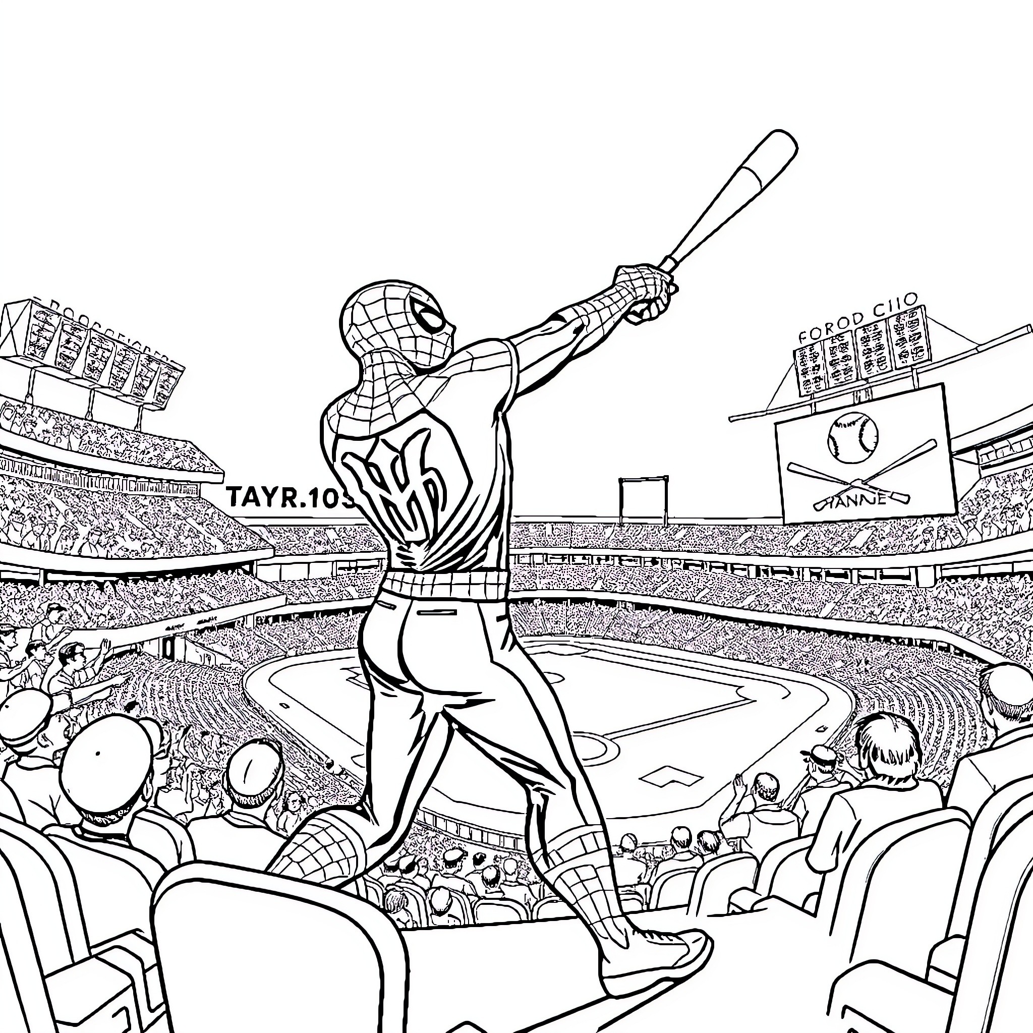 Spiderman at the Baseball Stadium Coloring Page (free black-and-white line drawing printable PDF for all, from beginners to advanced learners, including children, teens, adults, and seniors)