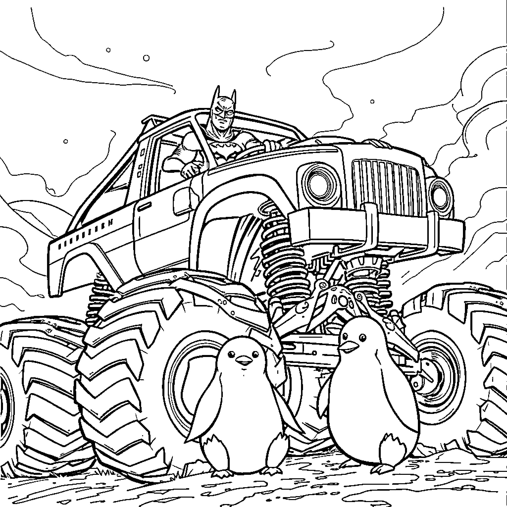 Batman driving a rugged monster truck with penguins Coloring Page (free black-and-white line drawing printable PDF for all, from beginners to advanced learners, including children, teens, adults, and seniors)