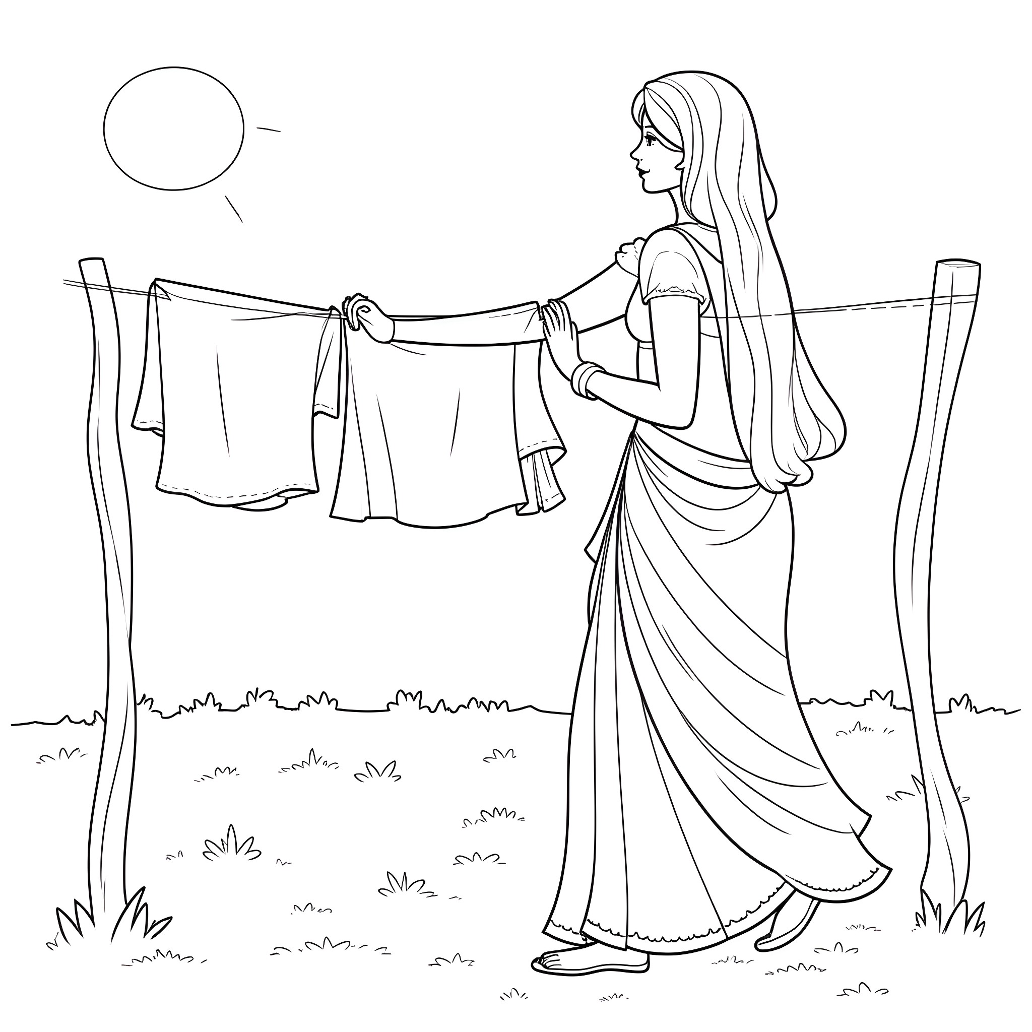 Squaw hanging clothes on a line Coloring Page (free black-and-white line drawing printable PDF for all, from beginners to advanced learners, including children, teens, adults, and seniors)