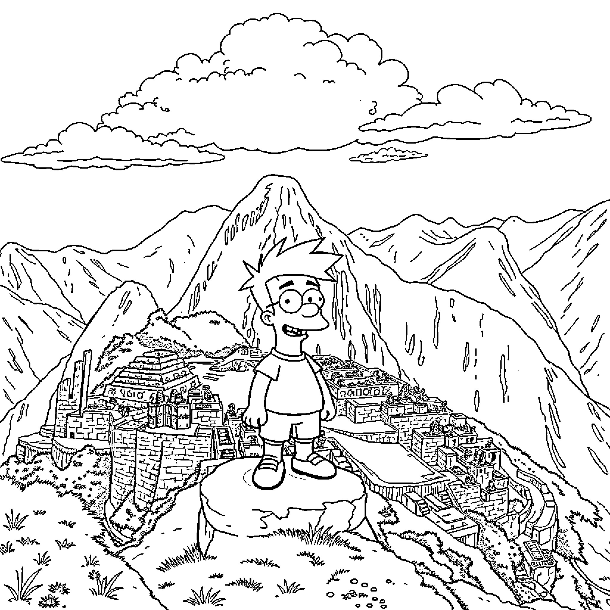 Milhouse admiring the majestic mountain scenery Coloring Page (free black-and-white line drawing printable PDF for all, from beginners to advanced learners, including children, teens, adults, and seniors)