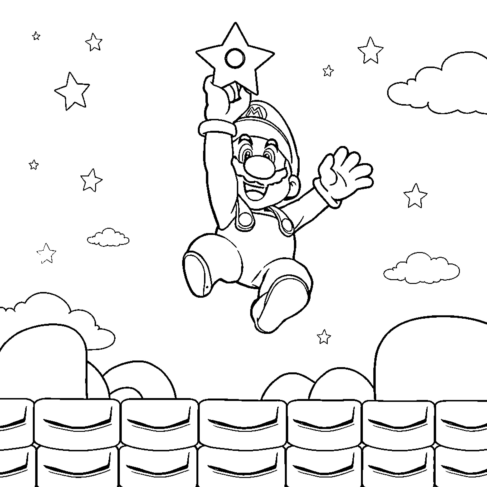 Mario reaching for the stars in the night sky Coloring Page (free black-and-white line drawing printable PDF for all, from beginners to advanced learners, including children, teens, adults, and seniors)