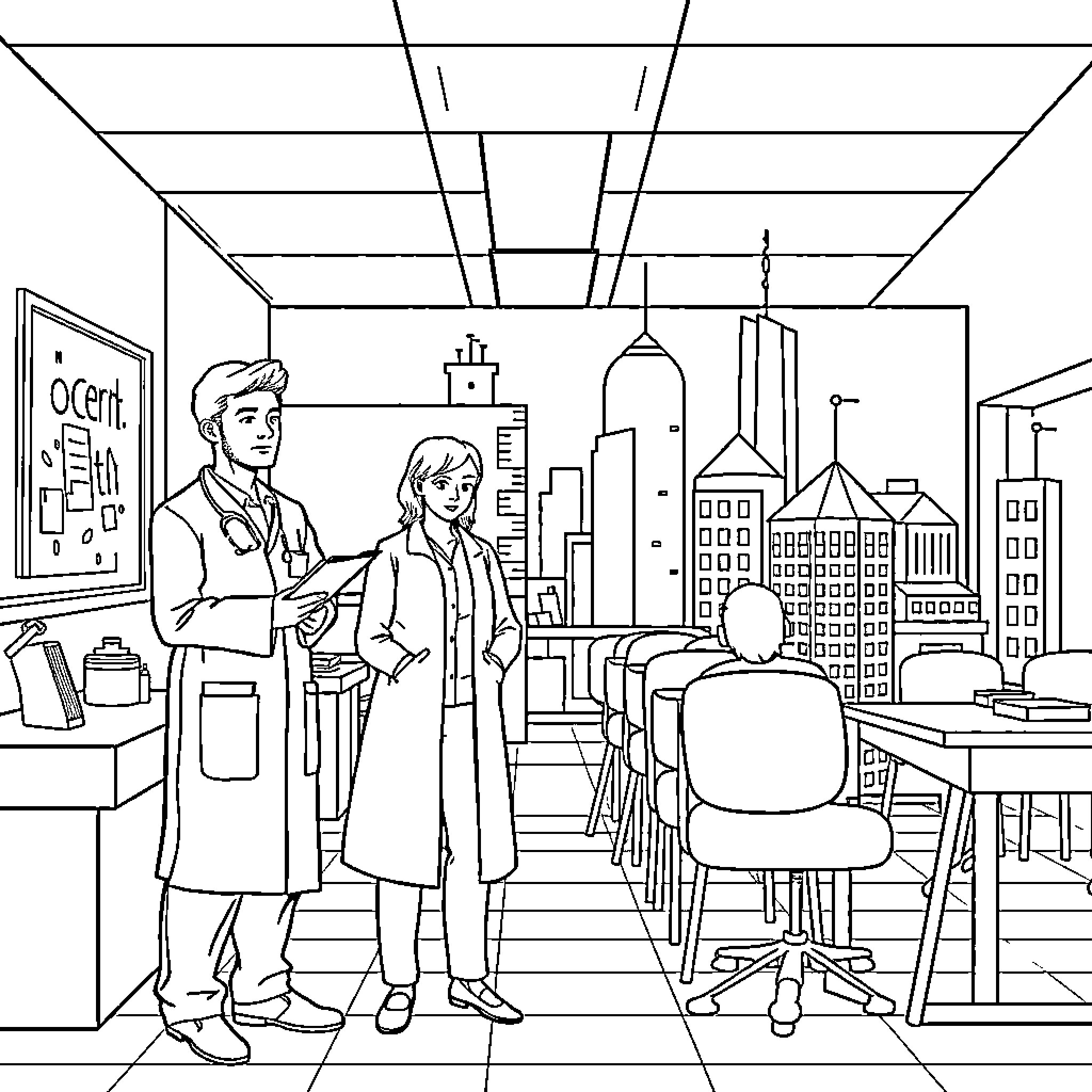 Profession: Businesspersons discussing plans in office Coloring Page (free black-and-white line drawing printable PDF for all, from beginners to advanced learners, including children, teens, adults, and seniors)