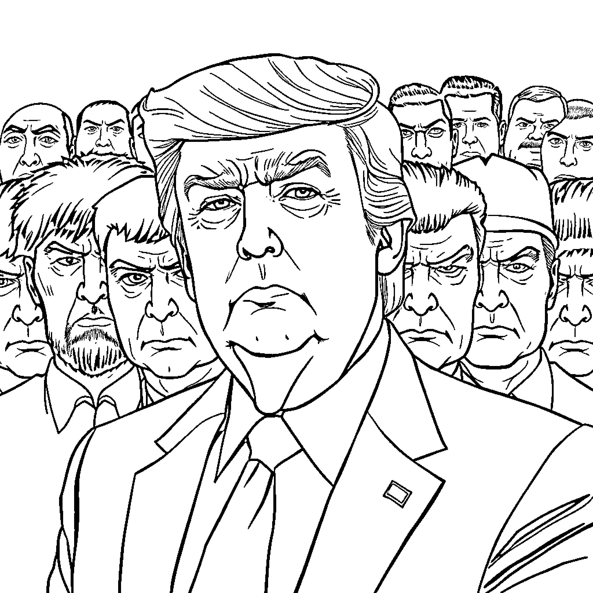 Donald Trump surrounded by a crowd of stern-faced men Coloring Page (free black-and-white line drawing printable PDF for all, from beginners to advanced learners, including children, teens, adults, and seniors)
