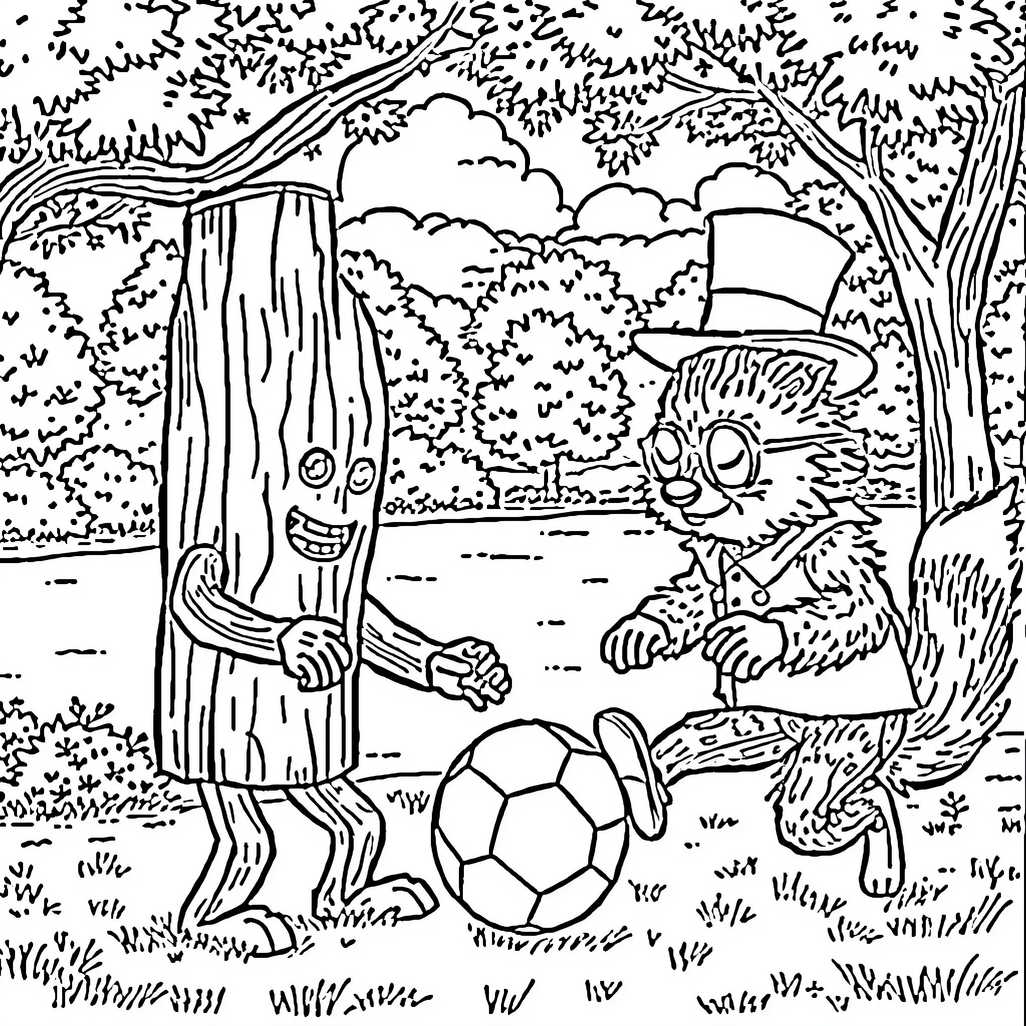 Bat playing with a soccer ball in the forest Coloring Page (free black-and-white line drawing printable PDF for all, from beginners to advanced learners, including children, teens, adults, and seniors)