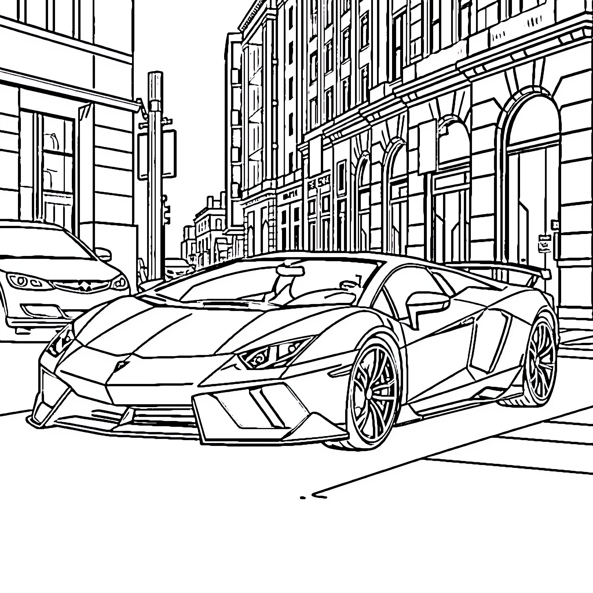 Lamborghini luxury sports car on city street Coloring Page (free black-and-white line drawing printable PDF for all, from beginners to advanced learners, including children, teens, adults, and seniors)