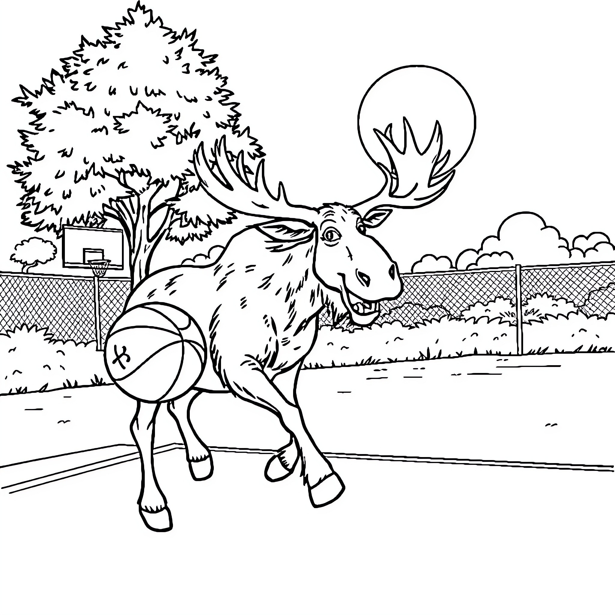 Moose playing with basketball on court Coloring Page (free black-and-white line drawing printable PDF for all, from beginners to advanced learners, including children, teens, adults, and seniors)