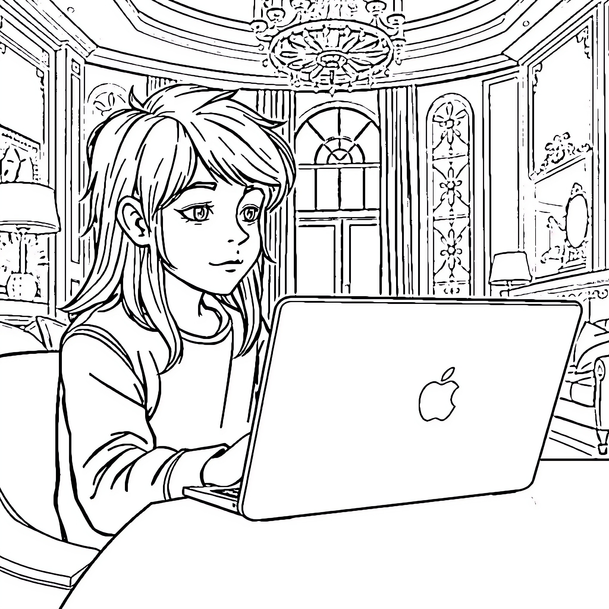 Boy using laptop in a grand interior Coloring Page (free black-and-white line drawing printable PDF for all, from beginners to advanced learners, including children, teens, adults, and seniors)