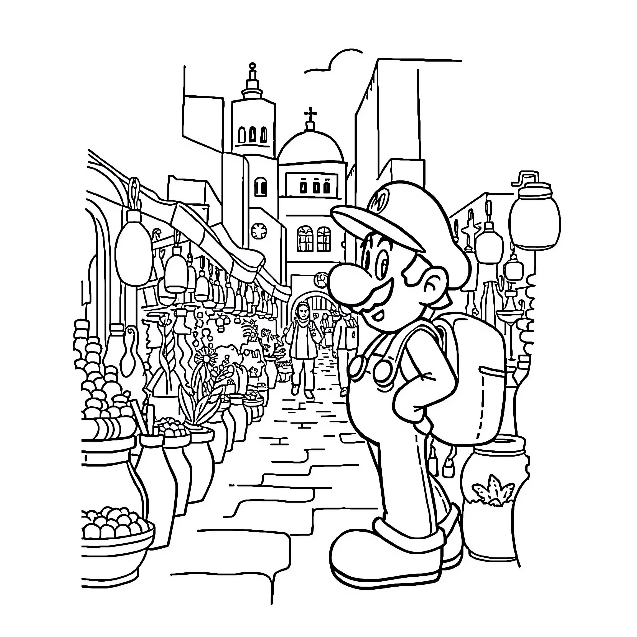 Mario exploring a vibrant city street Coloring Page (free black-and-white line drawing printable PDF for all, from beginners to advanced learners, including children, teens, adults, and seniors)