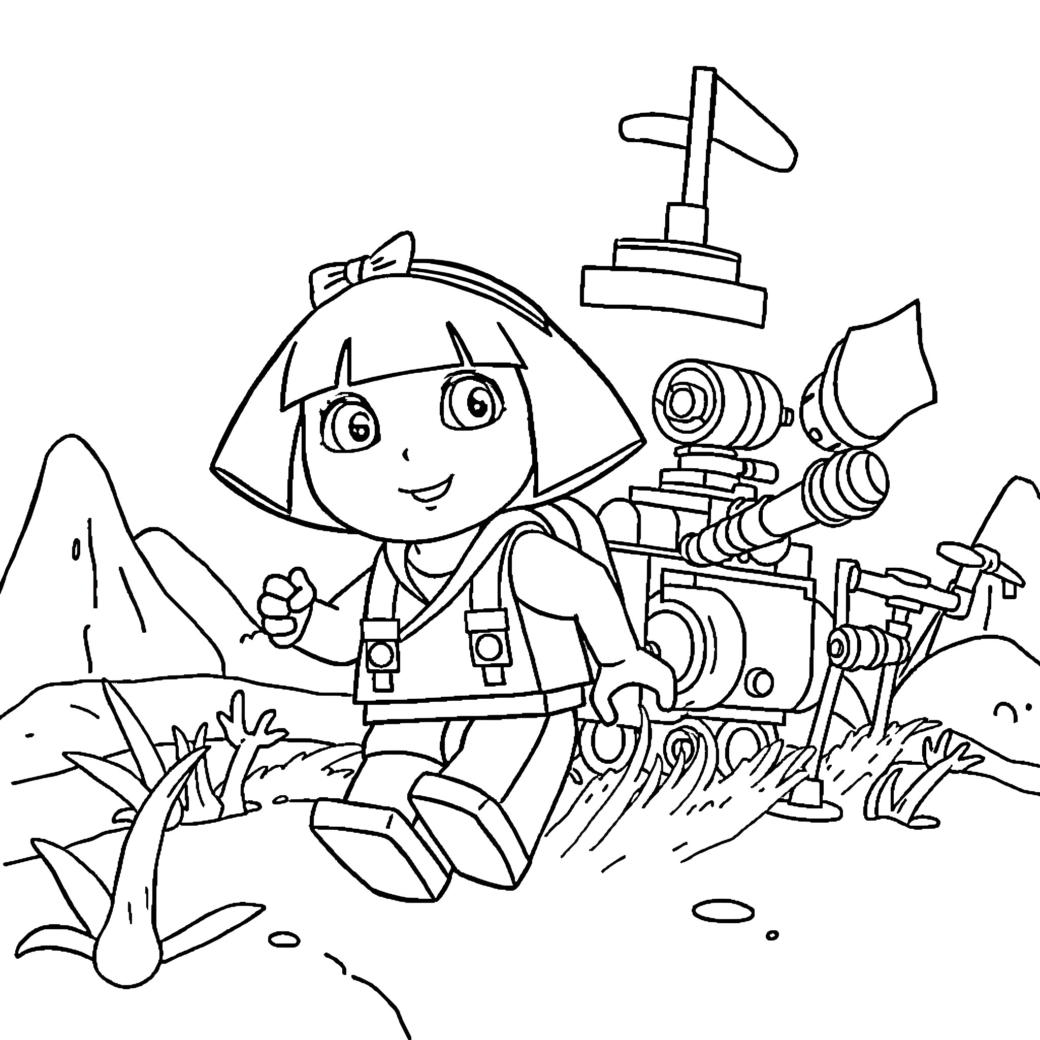 Dora's Outdoor Adventure with Robot Companion Coloring Page (free black-and-white line drawing printable PDF for all, from beginners to advanced learners, including children, teens, adults, and seniors)