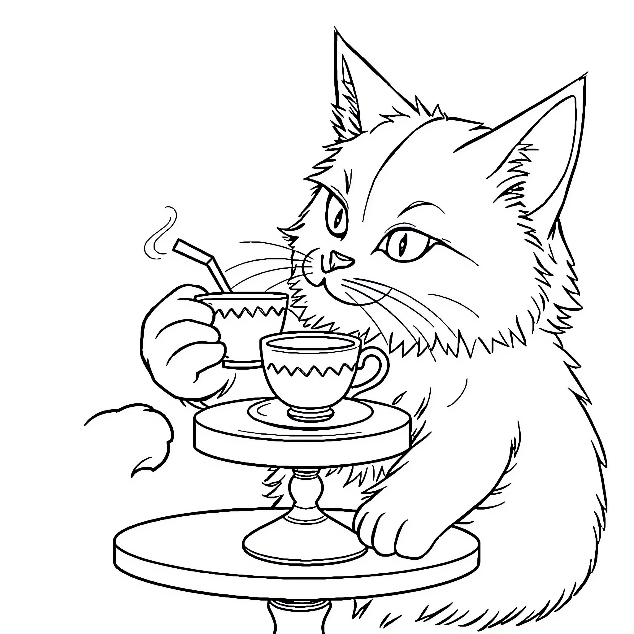 Cat enjoying a hot drink on a table Coloring Page (free black-and-white line drawing printable PDF for all, from beginners to advanced learners, including children, teens, adults, and seniors)