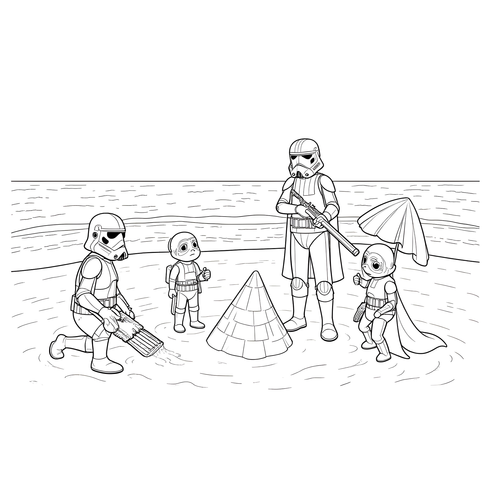 Star Wars characters at the beach Coloring Page (free black-and-white line drawing printable PDF for all, from beginners to advanced learners, including children, teens, adults, and seniors)