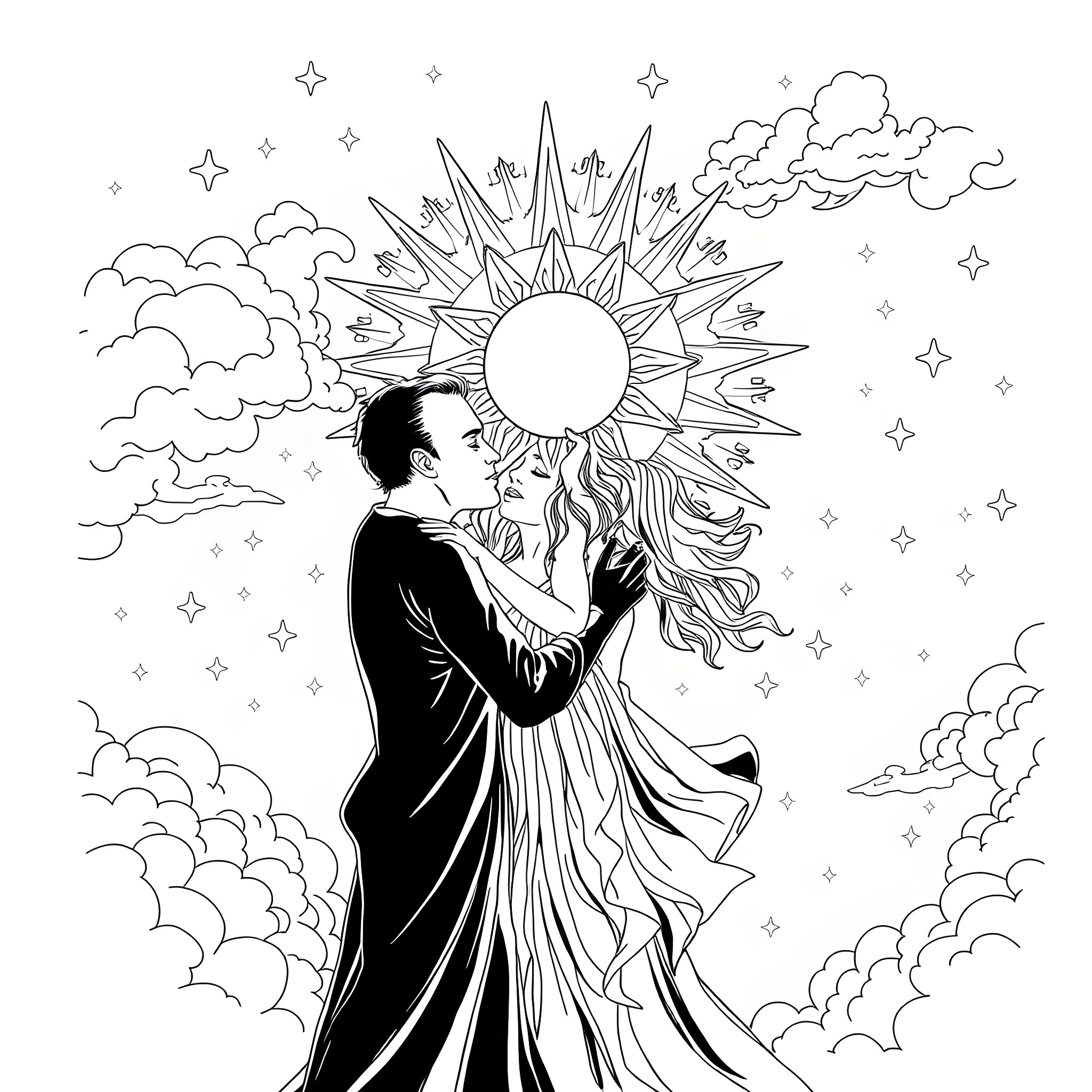 Sun and Moon - Couple dancing under starry night Coloring Page (free black-and-white line drawing printable PDF for all, from beginners to advanced learners, including children, teens, adults, and seniors)
