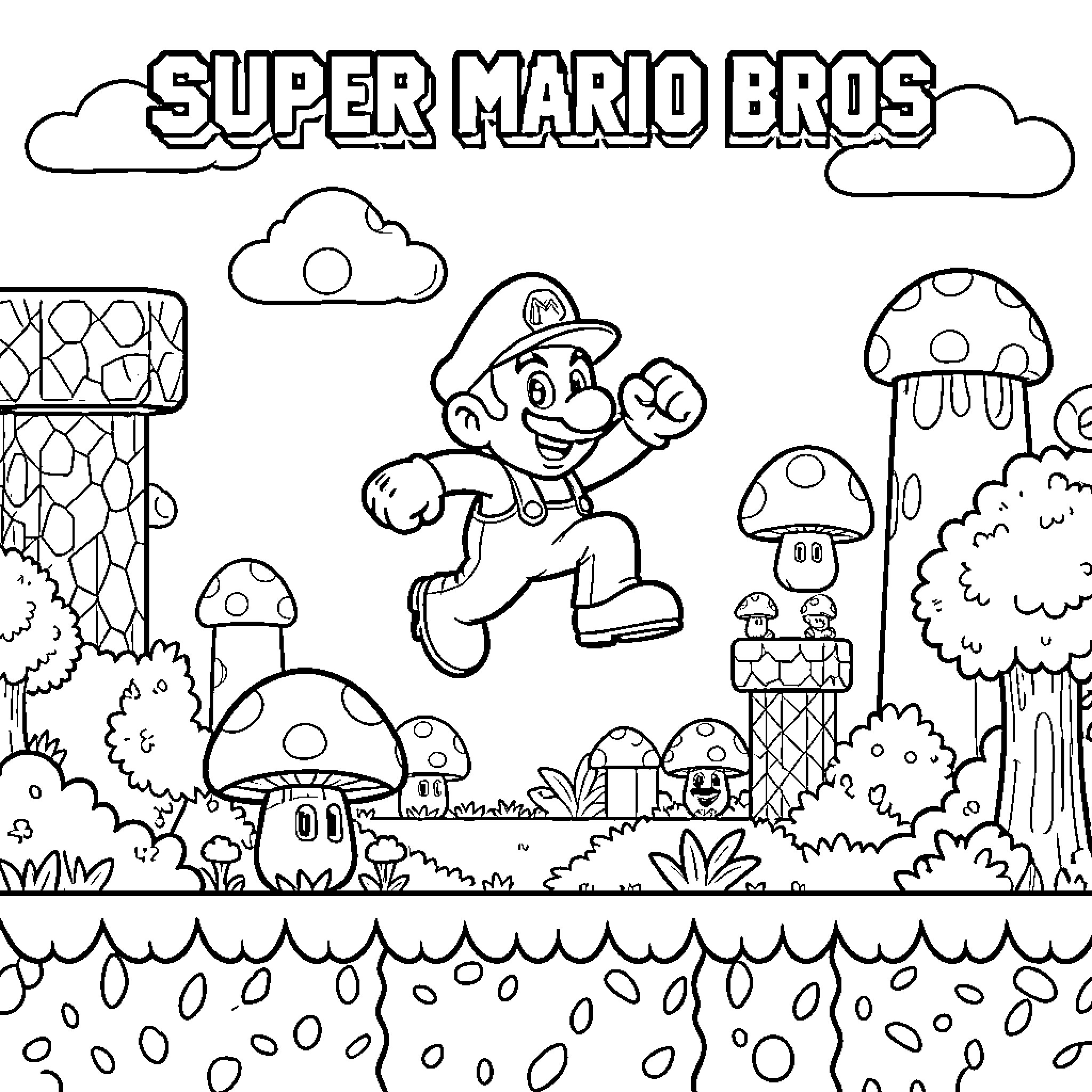Super Mario Bros. Characters in Whimsical Landscape Coloring Page (free black-and-white line drawing printable PDF for all, from beginners to advanced learners, including children, teens, adults, and seniors)