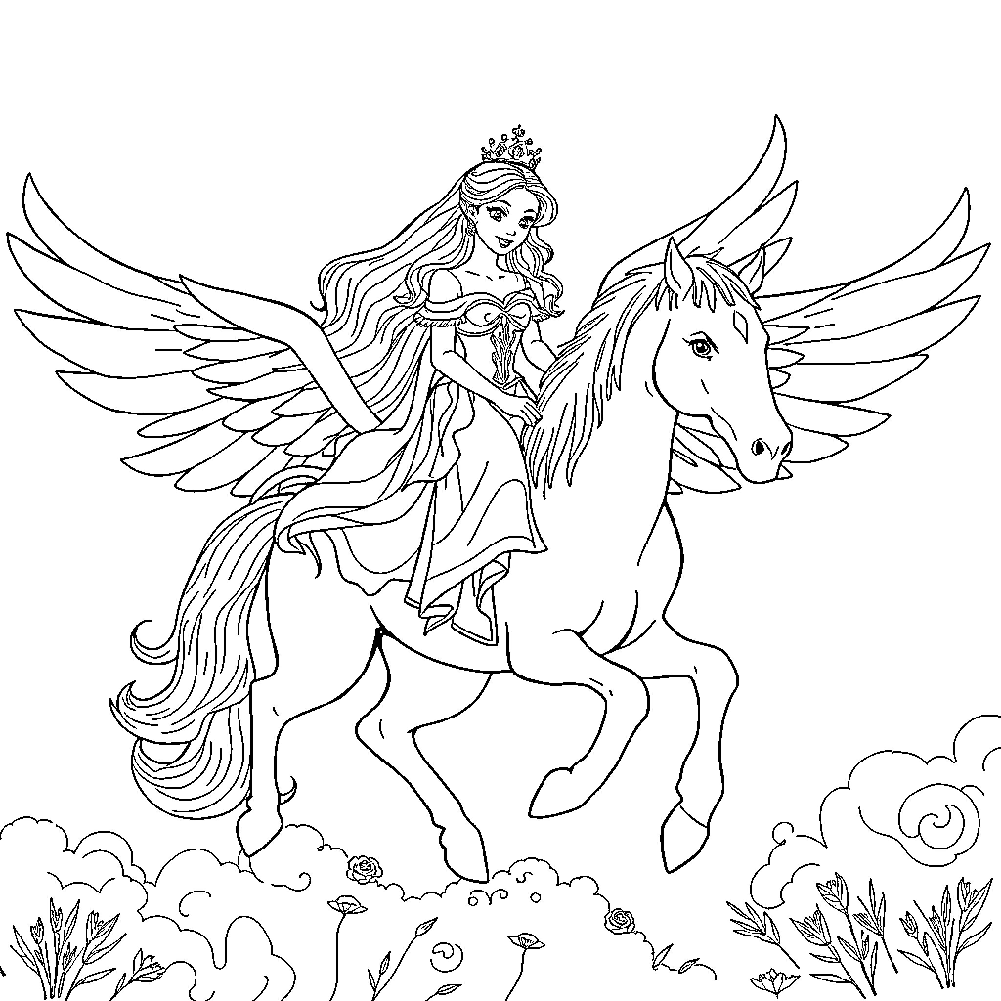 Princess riding winged unicorn over clouds Coloring Page (free black-and-white line drawing printable PDF for all, from beginners to advanced learners, including children, teens, adults, and seniors)