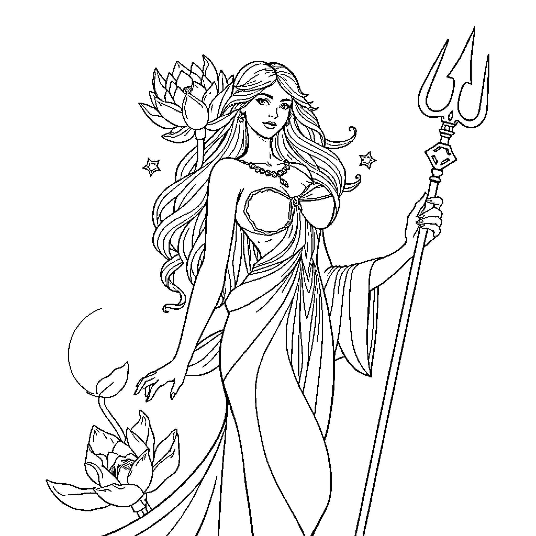 Aquarius: Mythical Goddess with Trident and Lotus Coloring Page (free black-and-white line drawing printable PDF for all, from beginners to advanced learners, including children, teens, adults, and seniors)